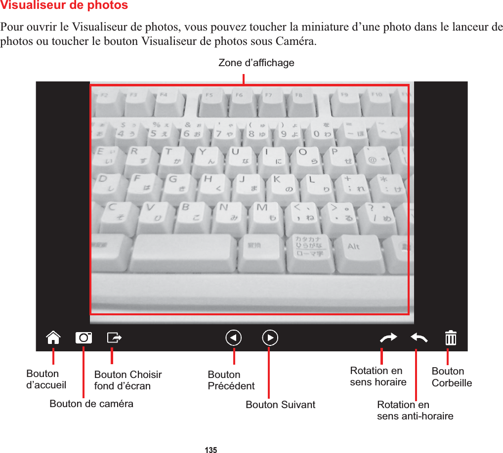 135Visualiseur de photosPour ouvrir le Visualiseur de photos, vous pouvez toucher la miniature d’une photo dans le lanceur de photos ou toucher le bouton Visualiseur de photos sous Caméra.Zone d’affichageBoutond’accueilBouton de caméraBouton Choisirfond d’écranBoutonPrécédentBouton SuivantRotation ensens horaireRotation enBoutonCorbeillesens anti-horaire