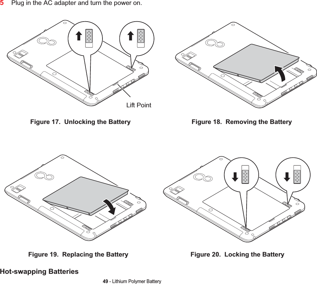 49 - Lithium Polymer Battery5Plug in the AC adapter and turn the power on.Hot-swapping BatteriesFigure 17.  Unlocking the Battery Figure 18.  Removing the BatteryFigure 19.  Replacing the Battery Figure 20.  Locking the BatteryLift Point