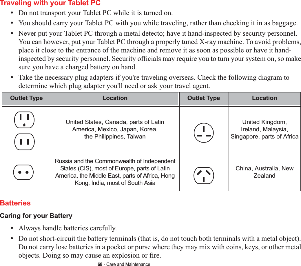 68 - Care and MaintenanceTraveling with your Tablet PC•Do not transport your Tablet PC while it is turned on. •You should carry your Tablet PC with you while traveling, rather than checking it in as baggage.•Never put your Tablet PC through a metal detecto; have it hand-inspected by security personnel. You can however, put your Tablet PC through a properly tuned X-ray machine. To avoid problems, place it close to the entrance of the machine and remove it as soon as possible or have it hand-inspected by security personnel. Security officials may require you to turn your system on, so make sure you have a charged battery on hand. •Take the necessary plug adapters if you&apos;re traveling overseas. Check the following diagram to determine which plug adapter you&apos;ll need or ask your travel agent.BatteriesCaring for your Battery •Always handle batteries carefully.•Do not short-circuit the battery terminals (that is, do not touch both terminals with a metal object). Do not carry lose batteries in a pocket or purse where they may mix with coins, keys, or other metal objects. Doing so may cause an explosion or fire.Outlet Type Location Outlet Type LocationUnited States, Canada, parts of Latin America, Mexico, Japan, Korea, the Philippines, TaiwanUnited Kingdom, Ireland, Malaysia, Singapore, parts of AfricaRussia and the Commonwealth of Independent States (CIS), most of Europe, parts of Latin America, the Middle East, parts of Africa, Hong Kong, India, most of South AsiaChina, Australia, New Zealand
