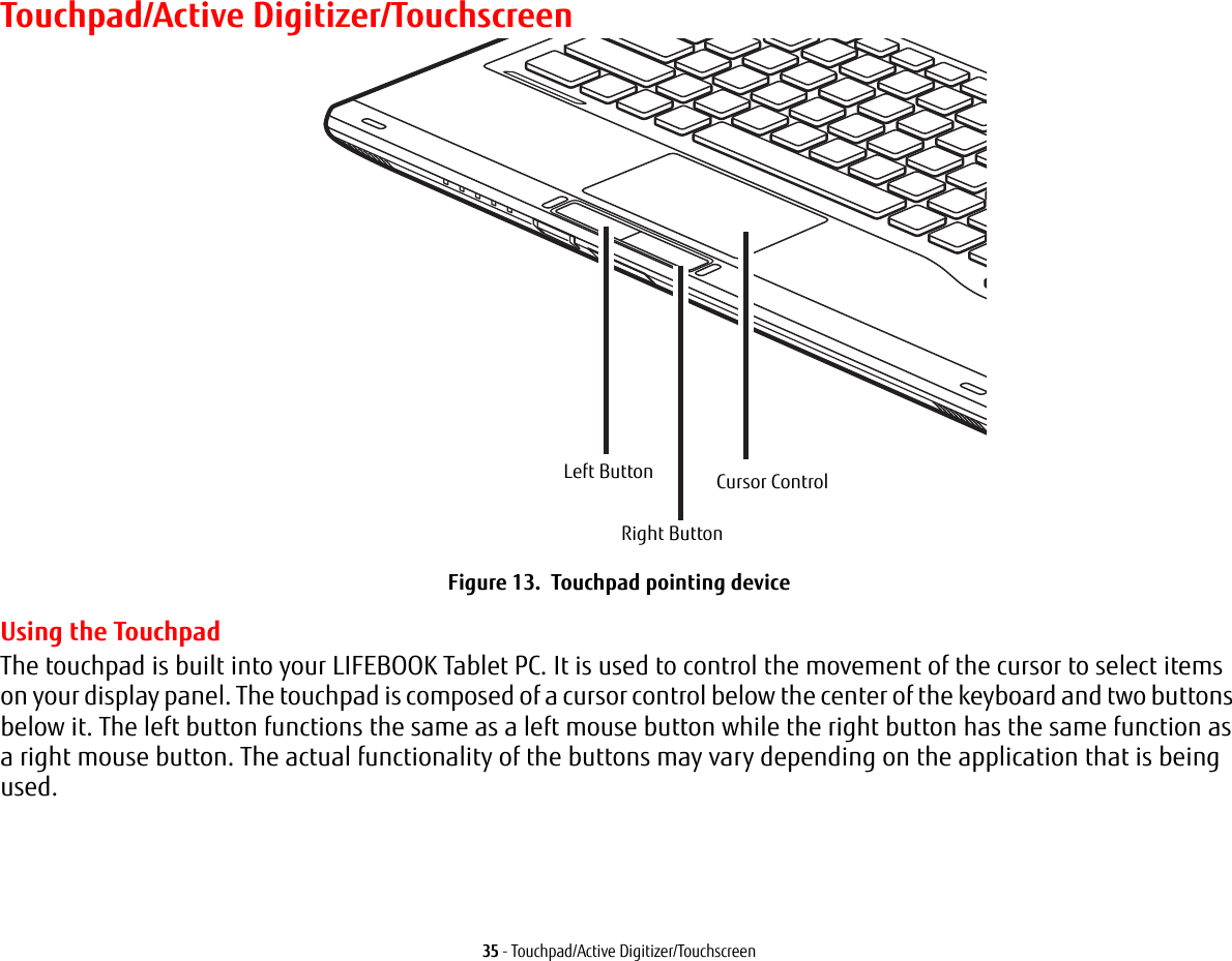 35 - Touchpad/Active Digitizer/TouchscreenTouchpad/Active Digitizer/TouchscreenFigure 13.  Touchpad pointing deviceUsing the TouchpadThe touchpad is built into your LIFEBOOK Tablet PC. It is used to control the movement of the cursor to select items on your display panel. The touchpad is composed of a cursor control below the center of the keyboard and two buttons below it. The left button functions the same as a left mouse button while the right button has the same function as a right mouse button. The actual functionality of the buttons may vary depending on the application that is being used.Left ButtonRight ButtonCursor Control