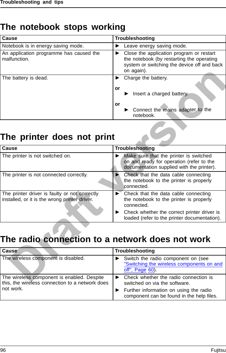 Troubleshooting and tipsThe notebook stops workingNotebookEnergys avingmodeCause TroubleshootingNotebook is in energy saving mode. ►Leave energy saving mode.An application programme has caused themalfunction.►Close the application program or restartthe notebook (by restarting the operatingsystem or switching the device off and backon again).The battery is dead. ►Charge the battery.or►Insert a charged battery.or►Connect the mains adapter to thenotebook.The printer does not printPrinterdoesnot printCause TroubleshootingThe printer is not switched on. ►Make sure that the printer is switchedon and ready for operation (refer to thedocumentation supplied with the printer).The printer is not connected correctly. ►Check that the data cable connectingthe notebook to the printer is properlyconnected.The printer driver is faulty or not correctlyinstalled, or it is the wrong printer driver.►Check that the data cable connectingthe notebook to the printer is properlyconnected.►Check whetherthecorrectprinterdriverisloaded (refer to the printer documentation).The radio connection to a network does not workTheradioconnect iontoane tworkdoes notworkCause TroubleshootingThe wireless component is disabled. ►Switch the radio component on (see&quot;Switching the wireless components on andoff&quot;, Page 60).The wireless component is enabled. Despitethis, the wireless connection to a network doesnot work.►Check whether the radio connection isswitched on via the software.►Further information on using the radiocomponent can be found in the help ﬁles.96 Fujitsu