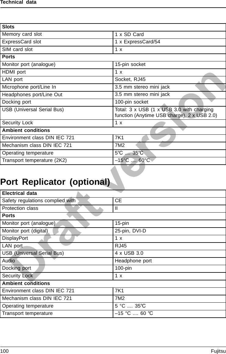 Technical dataSlotsMemory card slot 1xSDCardExpressCard slot 1 x ExpressCard/54SIM card slot 1xPortsMonitor port (analogue) 15-pin socketHDMI port 1 xLAN port Socket, RJ45Microphone port/Line In 3.5mmstereominijackHeadphones port/Line Out 3.5mmstereominijackDocking port 100-pin socketUSB (Universal Serial Bus) Total: 3 x USB (1 x USB 3.0 with chargingfunction (Anytime USB charge), 2 x USB 2.0)Security Lock 1xAmbient conditionsEnvironment class DIN IEC 721 7K1Mechanism class DIN IEC 721 7M2Operating temperature 5℃.... 35℃Transport temperature (2K2) –15°C .... 60°CPort Replicator (optional)Electrical dataSafety regulations complied with CEProtection class IIPortsMonitor port (analogue) 15-pinMonitor port (digital) 25-pin, DVI-DDisplayPort 1 xLAN port RJ45USB (Universal Serial Bus) 4 x USB 3.0Audio Headphone portDocking port 100-pinSecurity Lock 1xAmbient conditionsEnvironment class DIN IEC 721 7K1Mechanism class DIN IEC 721 7M2Operating temperature 5 °C .... 35℃Transport temperature –15 °C .... 60 ℃100 Fujitsu