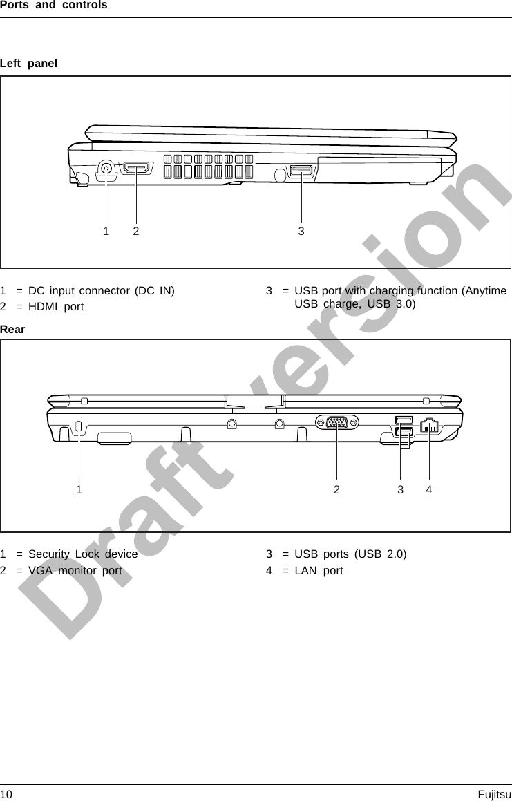 Ports and controlsLeft panel1 2 31 = DC input connector (DC IN)2 = HDMI port3 = USB port with charging function (AnytimeUSB charge, USB 3.0)Rear3 4211 = Security Lock device2 = VGA monitor port3 = USB ports (USB 2.0)4 = LAN port10 Fujitsu