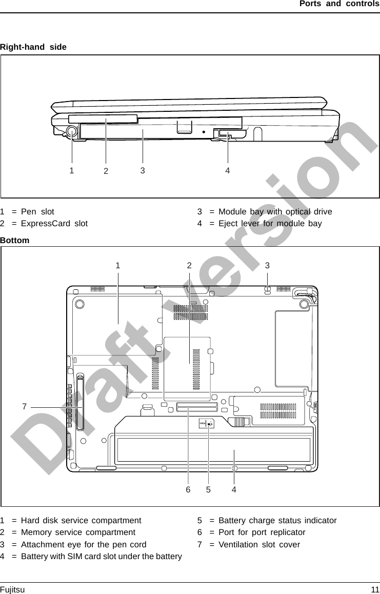 Ports and controlsRight-hand side1 4321=Penslot2 = ExpressCard slot3 = Module bay with optical drive4 = Eject lever for module bayBottom14627531 = Hard disk service compartment2 = Memory service compartment3 = Attachment eye for the pen cord4 = Battery with SIM card slot under the battery5 = Battery charge status indicator6 = Port for port replicator7 = Ventilation slot coverFujitsu 11