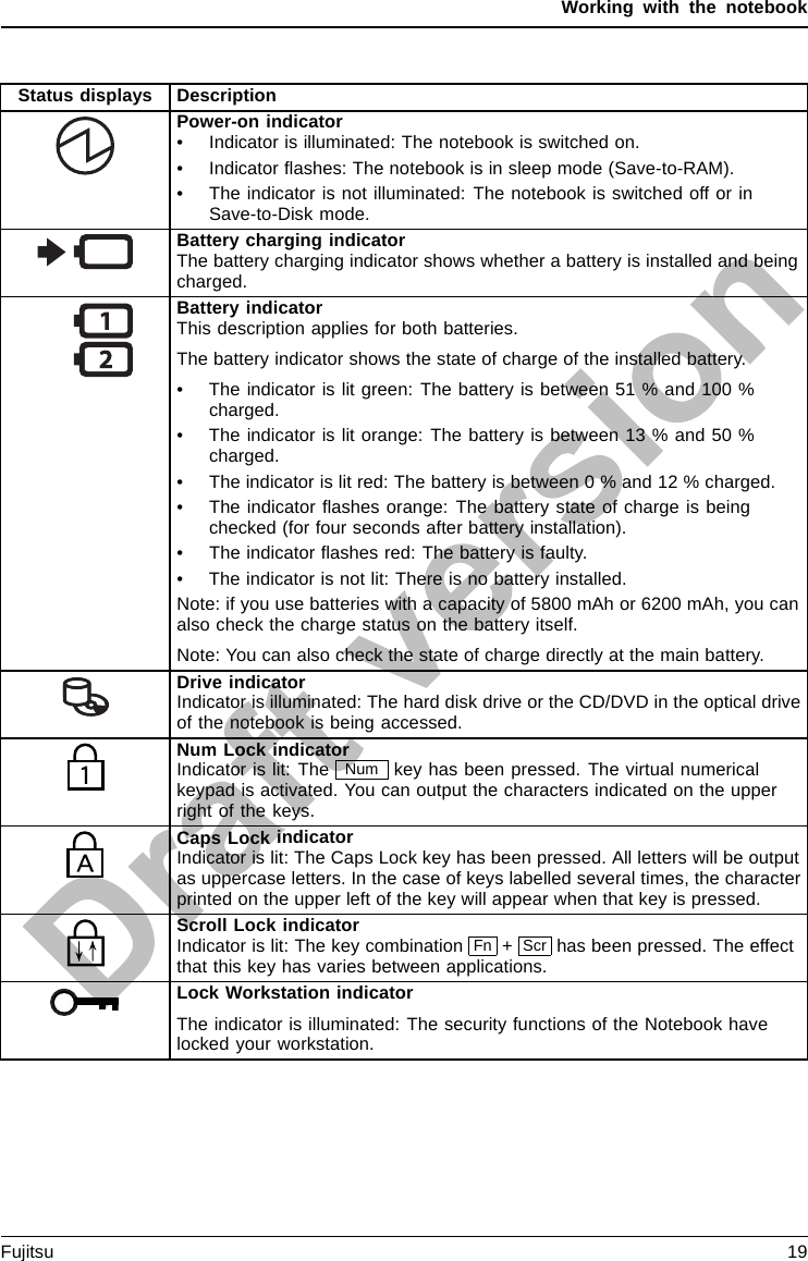 Working with the notebookStatus displays DescriptionPower-on indicator• Indicator is illuminated: The notebook is switched on.• Indicator ﬂashes: The notebook is in sleep mode (Save-to-RAM).• The indicator is not illuminated: The notebook is switched off or inSave-to-Disk mode.Battery charging indicatorThe battery charging indicator shows whether a battery is installed and beingcharged.Battery indicatorThis description applies for both batteries.The battery indicator shows the state of charge of the installed battery.• The indicator is lit green: The battery is between 51 % and 100 %charged.• The indicator is lit orange: The battery is between 13 % and 50 %charged.• The indicator is lit red: The battery is between 0 % and 12 % charged.• The indicator ﬂashes orange: The battery state of charge is beingchecked (for four seconds after battery installation).• The indicator ﬂashes red: The battery is faulty.• The indicator is not lit: There is no battery installed.Note: if you use batteries with a capacity of 5800 mAh or 6200 mAh, you canalso check the charge status on the battery itself.Note: You can also check the state of charge directly at the main battery.Drive indicatorIndicator is illuminated: The hard disk drive or the CD/DVD in the optical driveof the notebook is being accessed.Num Lock indicatorIndicator is lit: The Num key has been pressed. The virtual numericalkeypad is activated. You can output the characters indicated on the upperrightofthekeys.Caps Lock indicatorIndicator is lit: The Caps Lock key has been pressed. All letters will be outputas uppercase letters. In the case of keys labelled several times, the characterprinted on the upper left of the key will appear when that key is pressed.Scroll Lock indicatorIndicator is lit: The key combination Fn +Scr has been pressed. The effectthat this key has varies between applications.Lock Workstation indicatorThe indicator is illuminated: The security functions of the Notebook havelocked your workstation.Fujitsu 19