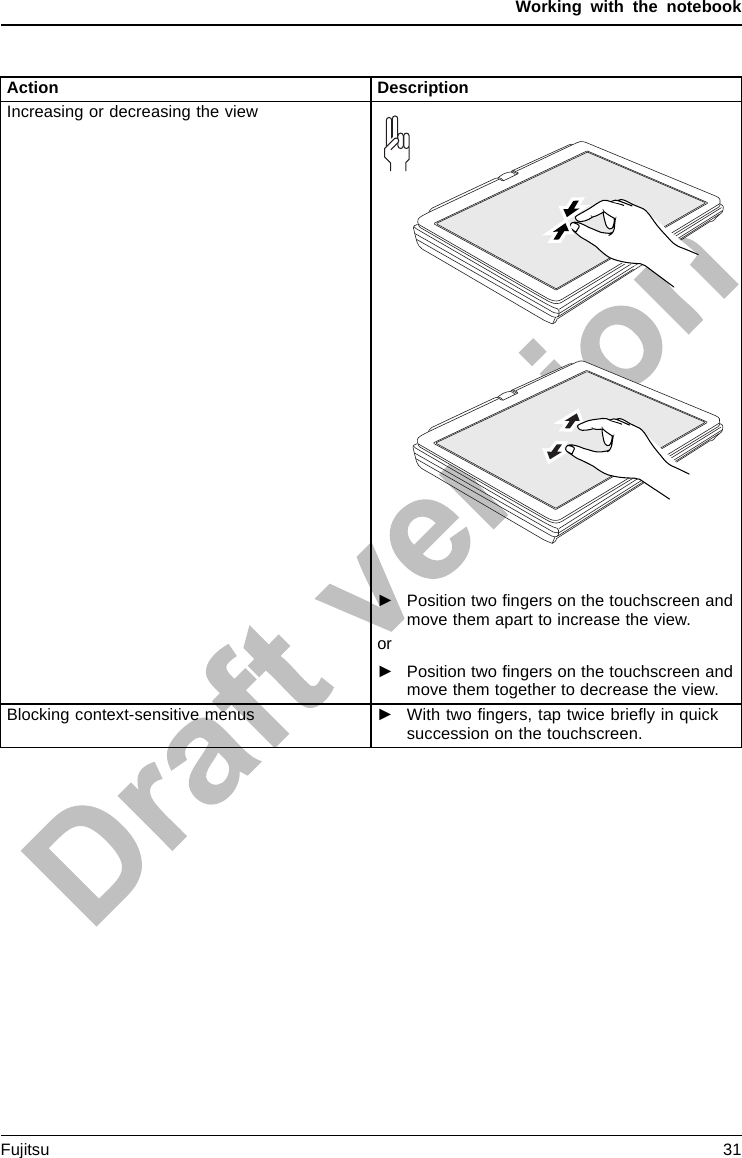 Working with the notebookAction DescriptionIncreasing or decreasing the view►Position two ﬁngers on the touchscreen andmove them apart to increase the view.or►Position two ﬁngers on the touchscreen andmove them together to decrease the view.Blocking context-sensitive menus ►With two ﬁngers, tap twice brieﬂy in quicksuccession on the touchscreen.Fujitsu 31