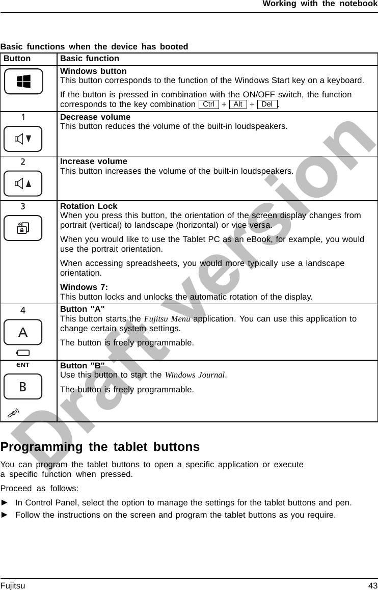 Working with the notebookBasic functions when the device has bootedButton Basic functionWindows buttonThis button corresponds to the function of the Windows Start key on a keyboard.If the button is pressed in combination with the ON/OFF switch, the functioncorresponds to the key combination Ctrl +Alt +Del .Decrease volumeThis button reduces the volume of the built-in loudspeakers.Increase volumeThis button increases the volume of the built-in loudspeakers.Rotation LockWhen you press this button, the orientation of the screen display changes fromportrait (vertical) to landscape (horizontal) or vice versa.When you would like to use the Tablet PC as an eBook, for example, you woulduse the portrait orientation.When accessing spreadsheets, you would more typically use a landscapeorientation.Windows 7:This button locks and unlocks the automatic rotation of the display.Button &quot;A&quot;This button starts the Fujitsu Menu application. You can use this application tochange certain system settings.The button is freely programmable.Button &quot;B&quot;Use this button to start the Windows Journal.The button is freely programmable.Programming the tablet buttonsYou can program the tablet buttons to open a speciﬁc application or executea speciﬁc function when pressed.Proceed as follows:►In Control Panel, select the option to manage the settings for the tablet buttons and pen.►Follow the instructions on the screen and program the tablet buttons as you require.Fujitsu 43