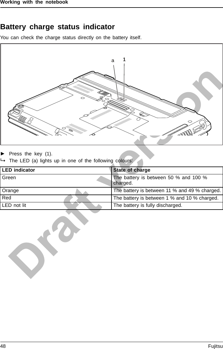 Working with the notebookBatterychargestatusindicatorYou can check the charge status directly on the battery itself.11a►Press the key (1).The LED (a) lights up in one of the following colours:LED indicator State of chargeGreen The battery is between 50 % and 100 %charged.Orange The battery is between 11 % and 49 % charged.Red The battery is between 1 % and 10 % charged.LED not lit The battery is fully discharged.48 Fujitsu