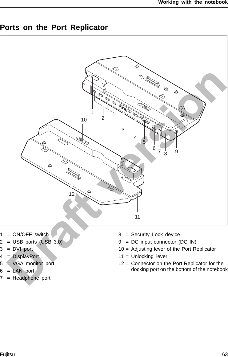 Working with the notebookPorts on the Port ReplicatorPortReplicatorPorts1122345678101191 = ON/OFF switch2 = USB ports (USB 3.0)3=DVIport4 = DisplayPort5 = VGA monitor port6 = LAN port7 = Headphone port8 = Security Lock device9 = DC input connector (DC IN)10 = Adjusting lever of the Port Replicator11 = Unlocking lever12 = Connector on the Port Replicator for thedocking port on the bottom of the notebookFujitsu 63