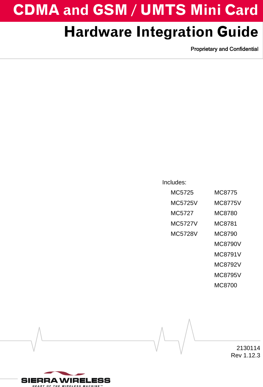 2130114Rev 1.12.3CDMA and GSM / UMTS Mini CardHardware Integration Guide Proprietary and ConfidentialIncludes:MC5725 MC8775MC5725V MC8775VMC5727 MC8780MC5727V MC8781MC5728V MC8790MC8790VMC8791VMC8792VMC8795VMC8700