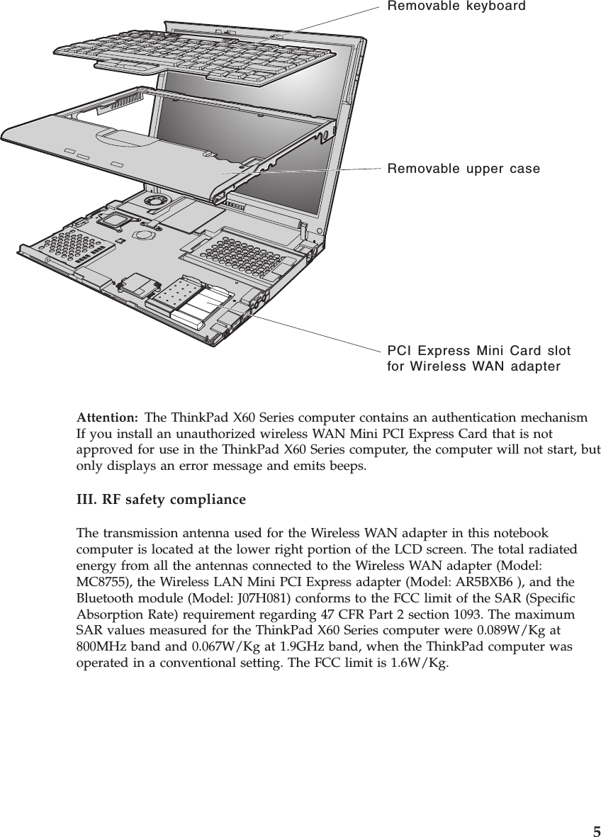 Removable keyboardRemovable upper casePCI Express Mini Card slotfor Wireless WAN adapterAttention:   The ThinkPad X60 Series computer contains an authentication mechanismIf you install an unauthorized wireless WAN Mini PCI Express Card that is not approved for use in the ThinkPad X60 Series computer, the computer will not start, but only displays an error message and emits beeps. III. RF safety compliance The transmission antenna used for the Wireless WAN adapter in this notebook computer is located at the lower right portion of the LCD screen. The total radiated energy from all the antennas connected to the Wireless WAN adapter (Model: MC8755), the Wireless LAN Mini PCI Express adapter (Model: AR5BXB6 ), and the Bluetooth module (Model: J07H081) conforms to the FCC limit of the SAR (Specific Absorption Rate) requirement regarding 47 CFR Part 2 section 1093. The maximum SAR values measured for the ThinkPad X60 Series computer were 0.089W/Kg at 800MHz band and 0.067W/Kg at 1.9GHz band, when the ThinkPad computer was operated in a conventional setting. The FCC limit is 1.6W/Kg.     5