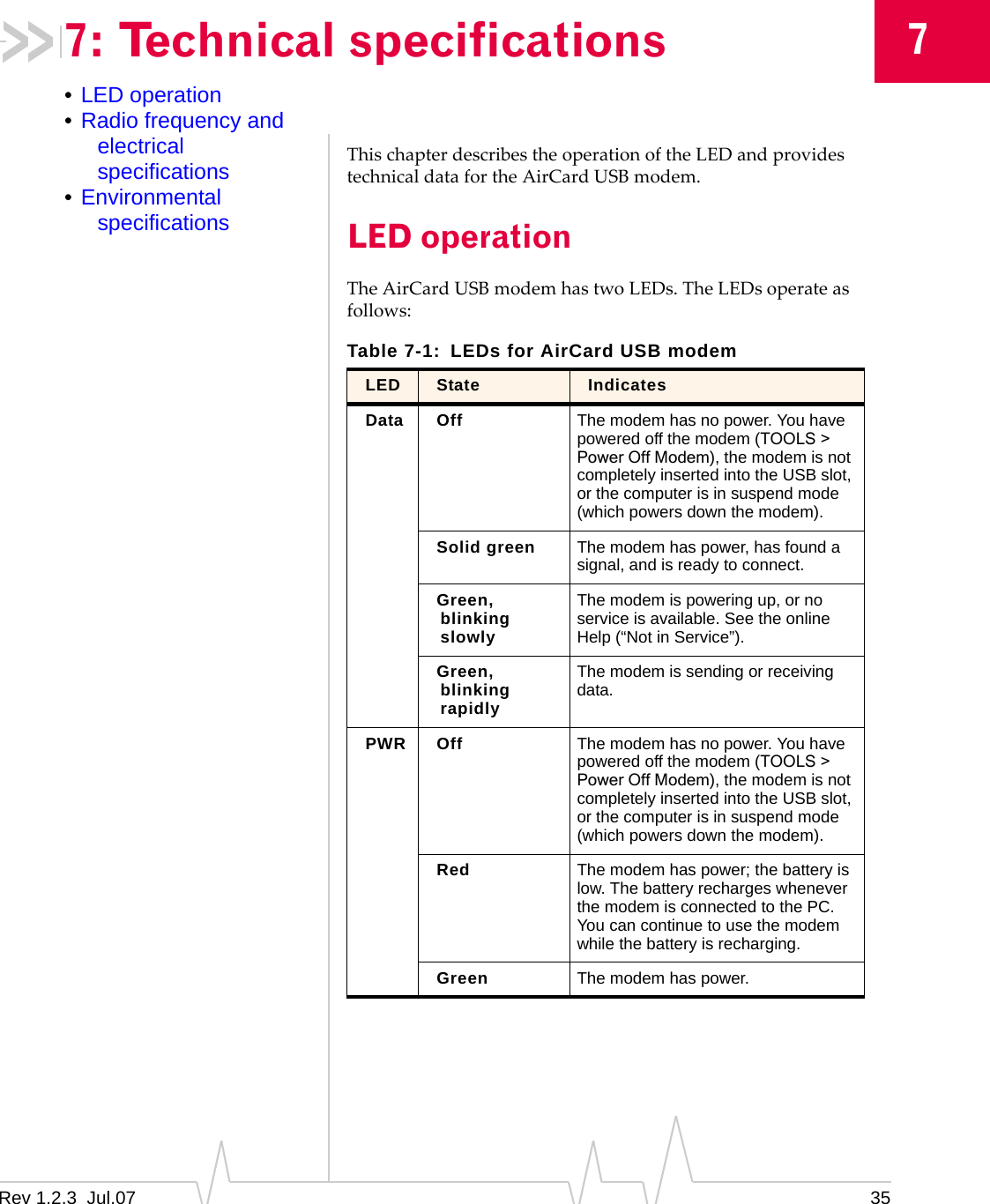 Rev 1.2.3  Jul.07 3577: Technical specifications•LED operation•Radio frequency and electrical specifications•Environmental specificationsThischapterdescribestheoperationoftheLEDandprovidestechnicaldatafortheAirCardUSBmodem.LED operationTheAirCardUSBmodemhastwoLEDs.TheLEDsoperateasfollows:Table 7-1: LEDs for AirCard USB modemLED State IndicatesData Off The modem has no power. You have powered off the modem (TOOLS &gt; Power Off Modem), the modem is not completely inserted into the USB slot, or the computer is in suspend mode (which powers down the modem).Solid green The modem has power, has found a signal, and is ready to connect. Green,blinking slowlyThe modem is powering up, or no service is available. See the online Help (“Not in Service”). Green,blinking rapidlyThe modem is sending or receiving data. PWR Off The modem has no power. You have powered off the modem (TOOLS &gt; Power Off Modem), the modem is not completely inserted into the USB slot, or the computer is in suspend mode (which powers down the modem). Red The modem has power; the battery is low. The battery recharges whenever the modem is connected to the PC. You can continue to use the modem while the battery is recharging. Green The modem has power.