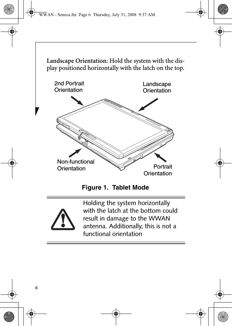 6Landscape Orientation: Hold the system with the dis-play positioned horizontally with the latch on the top.Figure 1.  Tablet ModeHolding the system horizontally with the latch at the bottom could result in damage to the WWAN antenna. Additionally, this is not a functional orientationLandscapeOrientation2nd PortraitOrientationPortraitOrientationNon-functionalOrientationWWAN - Seneca.fm  Page 6  Thursday, July 31, 2008  9:37 AM