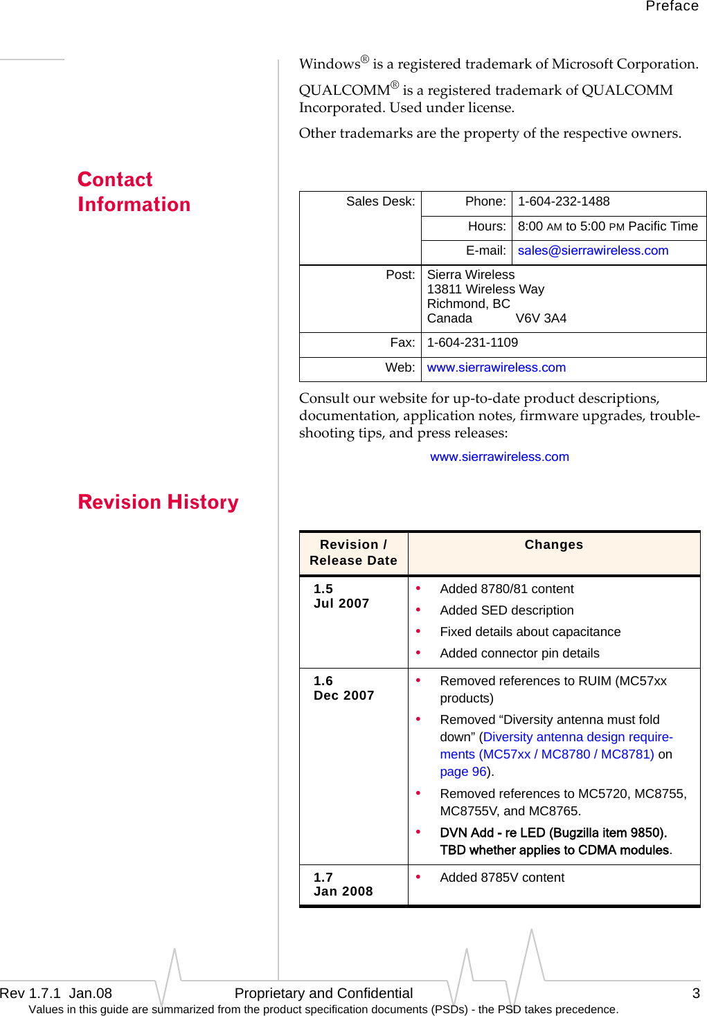 PrefaceRev 1.7.1  Jan.08 Proprietary and Confidential 3Values in this guide are summarized from the product specification documents (PSDs) - the PSD takes precedence.Windows®isaregisteredtrademarkofMicrosoftCorporation.QUALCOMM®isaregisteredtrademarkofQUALCOMMIncorporated.Usedunderlicense.Othertrademarksarethepropertyoftherespectiveowners.Contact InformationConsultourwebsiteforup‐to‐dateproductdescriptions,documentation,applicationnotes,firmwareupgrades,trouble‐shootingtips,andpressreleases:www.sierrawireless.comRevision HistorySales Desk: Phone: 1-604-232-1488Hours: 8:00 AM to 5:00 PM Pacific TimeE-mail: sales@sierrawireless.comPost: Sierra Wireless13811 Wireless WayRichmond, BCCanada            V6V 3A4Fax: 1-604-231-1109Web: www.sierrawireless.comRevision / Release Date Changes1.5Jul 2007 •Added 8780/81 content•Added SED description•Fixed details about capacitance•Added connector pin details1.6Dec 2007 •Removed references to RUIM (MC57xx products)•Removed “Diversity antenna must fold down” (Diversity antenna design require-ments (MC57xx / MC8780 / MC8781) on page 96).•Removed references to MC5720, MC8755, MC8755V, and MC8765.•DVN Add - re LED (Bugzilla item 9850). TBD whether applies to CDMA modules.1.7Jan 2008 •Added 8785V content