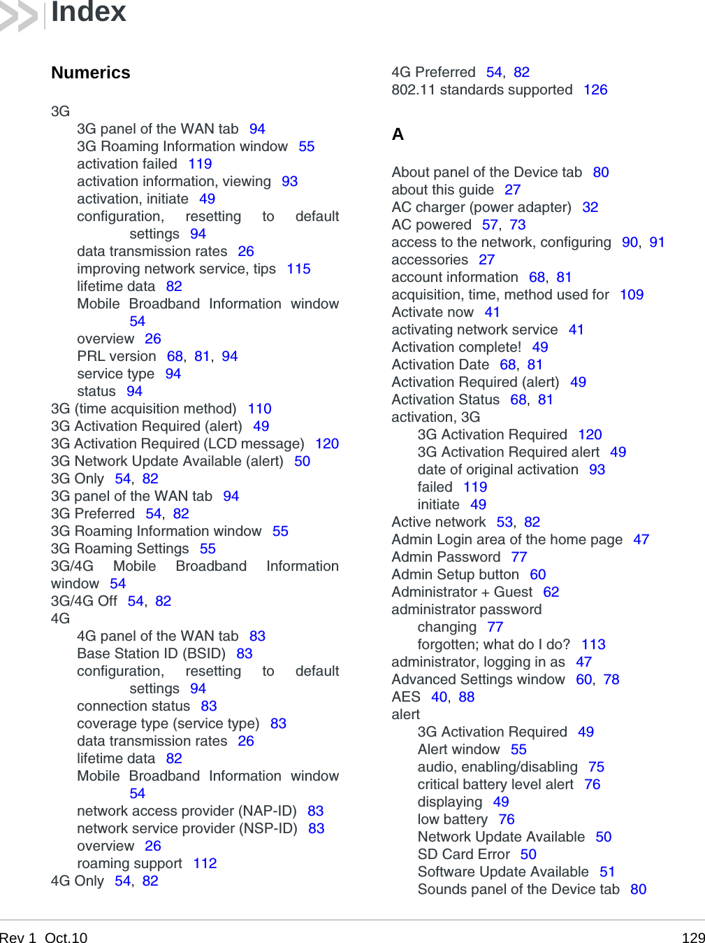 Rev 1  Oct.10 129Numerics3G3G panel of the WAN tab  943G Roaming Information window  55activation failed  119activation information, viewing  93activation, initiate  49configuration, resetting to defaultsettings  94data transmission rates  26improving network service, tips  115lifetime data  82Mobile Broadband Information window54overview  26PRL version  68,  81,  94service type  94status  943G (time acquisition method)  1103G Activation Required (alert)  493G Activation Required (LCD message)  1203G Network Update Available (alert)  503G Only  54,  823G panel of the WAN tab  943G Preferred  54,  823G Roaming Information window  553G Roaming Settings  553G/4G Mobile Broadband Informationwindow  543G/4G Off  54,  824G4G panel of the WAN tab  83Base Station ID (BSID)  83configuration, resetting to defaultsettings  94connection status  83coverage type (service type)  83data transmission rates  26lifetime data  82Mobile Broadband Information window54network access provider (NAP-ID)  83network service provider (NSP-ID)  83overview  26roaming support  1124G Only  54,  824G Preferred  54,  82802.11 standards supported  126AAbout panel of the Device tab  80about this guide  27AC charger (power adapter)  32AC powered  57,  73access to the network, configuring  90,  91accessories  27account information  68,  81acquisition, time, method used for  109Activate now  41activating network service  41Activation complete!  49Activation Date  68,  81Activation Required (alert)  49Activation Status  68,  81activation, 3G3G Activation Required  1203G Activation Required alert  49date of original activation  93failed  119initiate  49Active network  53,  82Admin Login area of the home page  47Admin Password  77Admin Setup button  60Administrator + Guest  62administrator passwordchanging  77forgotten; what do I do?  113administrator, logging in as  47Advanced Settings window  60,  78AES  40,  88alert3G Activation Required  49Alert window  55audio, enabling/disabling  75critical battery level alert  76displaying  49low battery  76Network Update Available  50SD Card Error  50Software Update Available  51Sounds panel of the Device tab  80Index