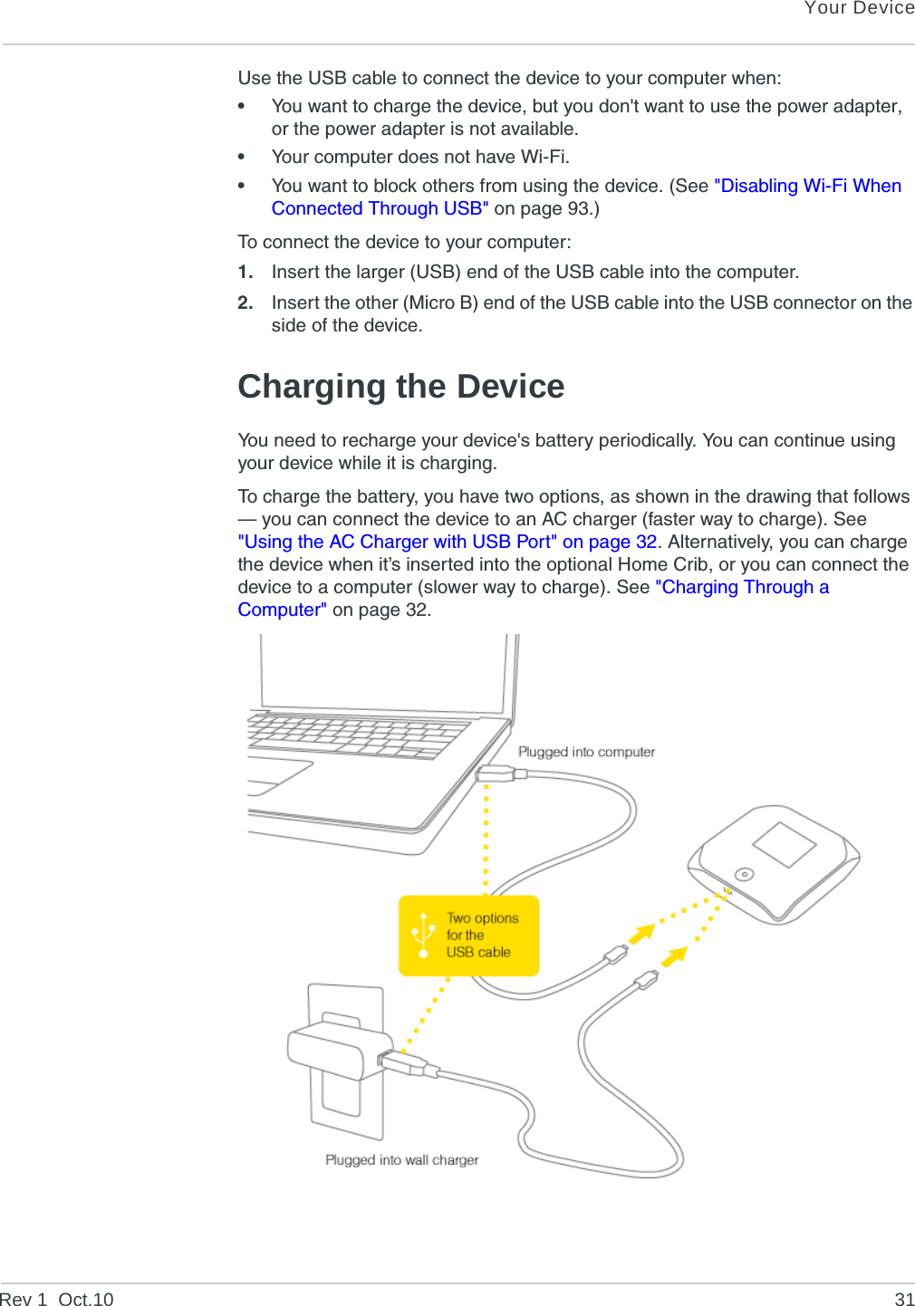 Your DeviceRev 1  Oct.10 31Use the USB cable to connect the device to your computer when:•You want to charge the device, but you don&apos;t want to use the power adapter, or the power adapter is not available.•Your computer does not have Wi-Fi.•You want to block others from using the device. (See &quot;Disabling Wi-Fi When Connected Through USB&quot; on page 93.)To connect the device to your computer:1. Insert the larger (USB) end of the USB cable into the computer.2. Insert the other (Micro B) end of the USB cable into the USB connector on the side of the device.Charging the DeviceYou need to recharge your device&apos;s battery periodically. You can continue using your device while it is charging.To charge the battery, you have two options, as shown in the drawing that follows — you can connect the device to an AC charger (faster way to charge). See &quot;Using the AC Charger with USB Port&quot; on page 32. Alternatively, you can charge the device when it’s inserted into the optional Home Crib, or you can connect the device to a computer (slower way to charge). See &quot;Charging Through a Computer&quot; on page 32.