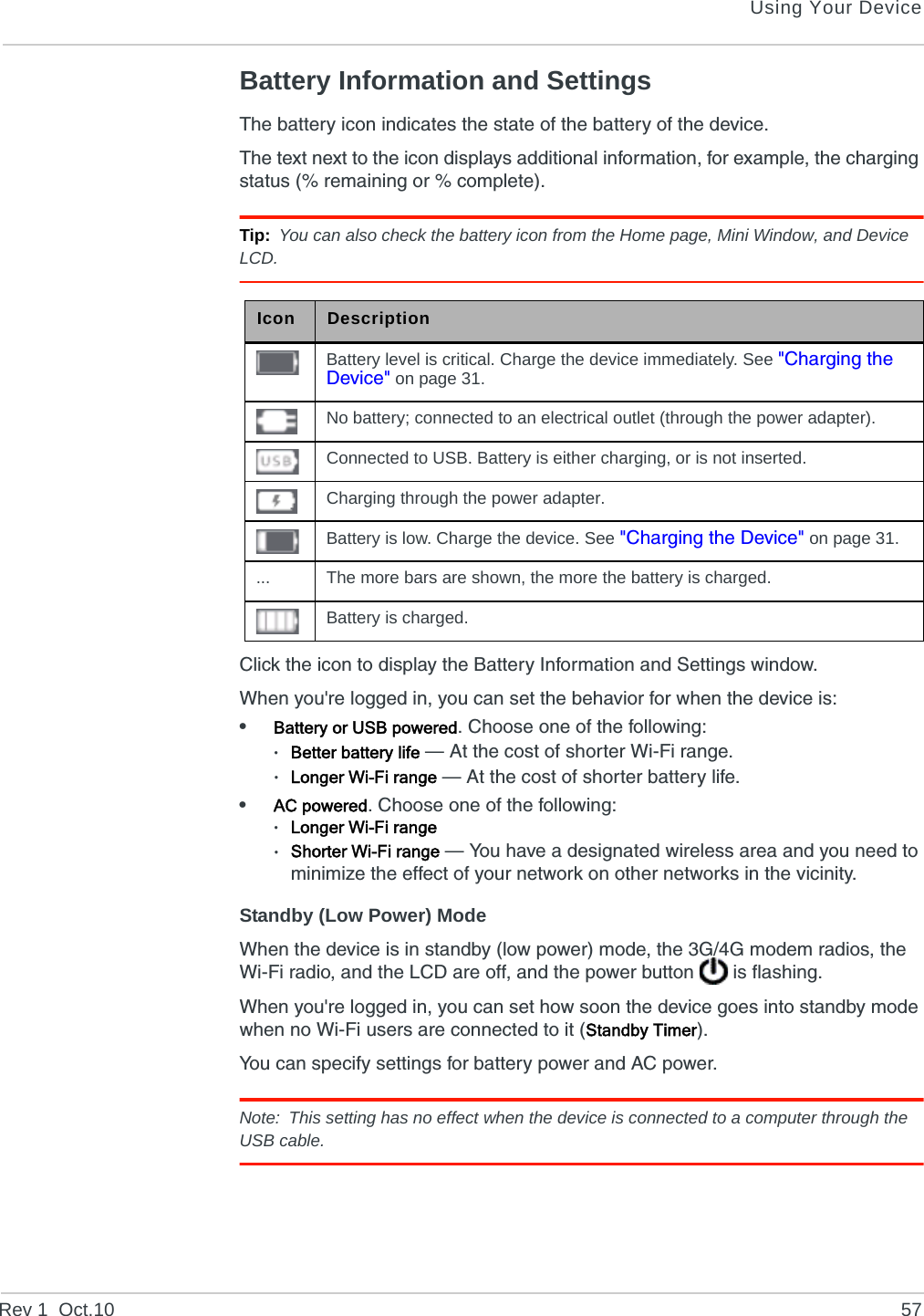 Using Your DeviceRev 1  Oct.10 57Battery Information and SettingsThe battery icon indicates the state of the battery of the device.The text next to the icon displays additional information, for example, the charging status (% remaining or % complete).Tip: You can also check the battery icon from the Home page, Mini Window, and Device LCD.Click the icon to display the Battery Information and Settings window.When you&apos;re logged in, you can set the behavior for when the device is:•Battery or USB powered. Choose one of the following: ·Better battery life — At the cost of shorter Wi-Fi range.·Longer Wi-Fi range — At the cost of shorter battery life.•AC powered. Choose one of the following:·Longer Wi-Fi range·Shorter Wi-Fi range — You have a designated wireless area and you need to minimize the effect of your network on other networks in the vicinity.Standby (Low Power) ModeWhen the device is in standby (low power) mode, the 3G/4G modem radios, the Wi-Fi radio, and the LCD are off, and the power button   is flashing.When you&apos;re logged in, you can set how soon the device goes into standby mode when no Wi-Fi users are connected to it (Standby Timer).You can specify settings for battery power and AC power.Note: This setting has no effect when the device is connected to a computer through the USB cable.Icon DescriptionBattery level is critical. Charge the device immediately. See &quot;Charging the Device&quot; on page 31.No battery; connected to an electrical outlet (through the power adapter).Connected to USB. Battery is either charging, or is not inserted.Charging through the power adapter.Battery is low. Charge the device. See &quot;Charging the Device&quot; on page 31.... The more bars are shown, the more the battery is charged.Battery is charged.