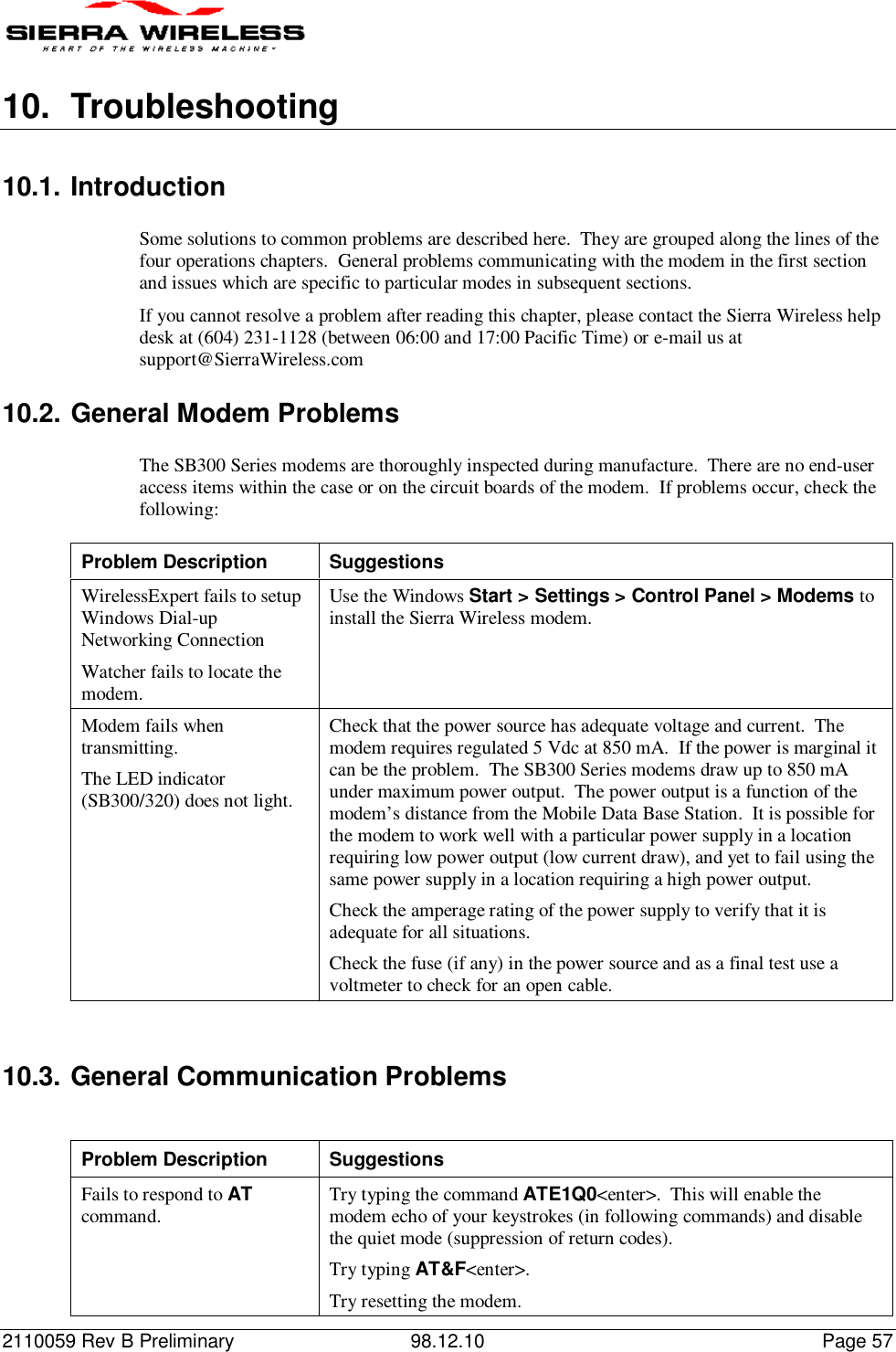 2110059 Rev B Preliminary 98.12.10 Page 5710. Troubleshooting10.1. IntroductionSome solutions to common problems are described here.  They are grouped along the lines of thefour operations chapters.  General problems communicating with the modem in the first sectionand issues which are specific to particular modes in subsequent sections.If you cannot resolve a problem after reading this chapter, please contact the Sierra Wireless helpdesk at (604) 231-1128 (between 06:00 and 17:00 Pacific Time) or e-mail us atsupport@SierraWireless.com10.2. General Modem ProblemsThe SB300 Series modems are thoroughly inspected during manufacture.  There are no end-useraccess items within the case or on the circuit boards of the modem.  If problems occur, check thefollowing:Problem Description SuggestionsWirelessExpert fails to setupWindows Dial-upNetworking ConnectionWatcher fails to locate themodem.Use the Windows Start &gt; Settings &gt; Control Panel &gt; Modems toinstall the Sierra Wireless modem.Modem fails whentransmitting.The LED indicator(SB300/320) does not light.Check that the power source has adequate voltage and current.  Themodem requires regulated 5 Vdc at 850 mA.  If the power is marginal itcan be the problem.  The SB300 Series modems draw up to 850 mAunder maximum power output.  The power output is a function of themodem’s distance from the Mobile Data Base Station.  It is possible forthe modem to work well with a particular power supply in a locationrequiring low power output (low current draw), and yet to fail using thesame power supply in a location requiring a high power output.Check the amperage rating of the power supply to verify that it isadequate for all situations.Check the fuse (if any) in the power source and as a final test use avoltmeter to check for an open cable.10.3. General Communication ProblemsProblem Description SuggestionsFails to respond to ATcommand. Try typing the command ATE1Q0&lt;enter&gt;.  This will enable themodem echo of your keystrokes (in following commands) and disablethe quiet mode (suppression of return codes).Try typing AT&amp;F&lt;enter&gt;.Try resetting the modem.