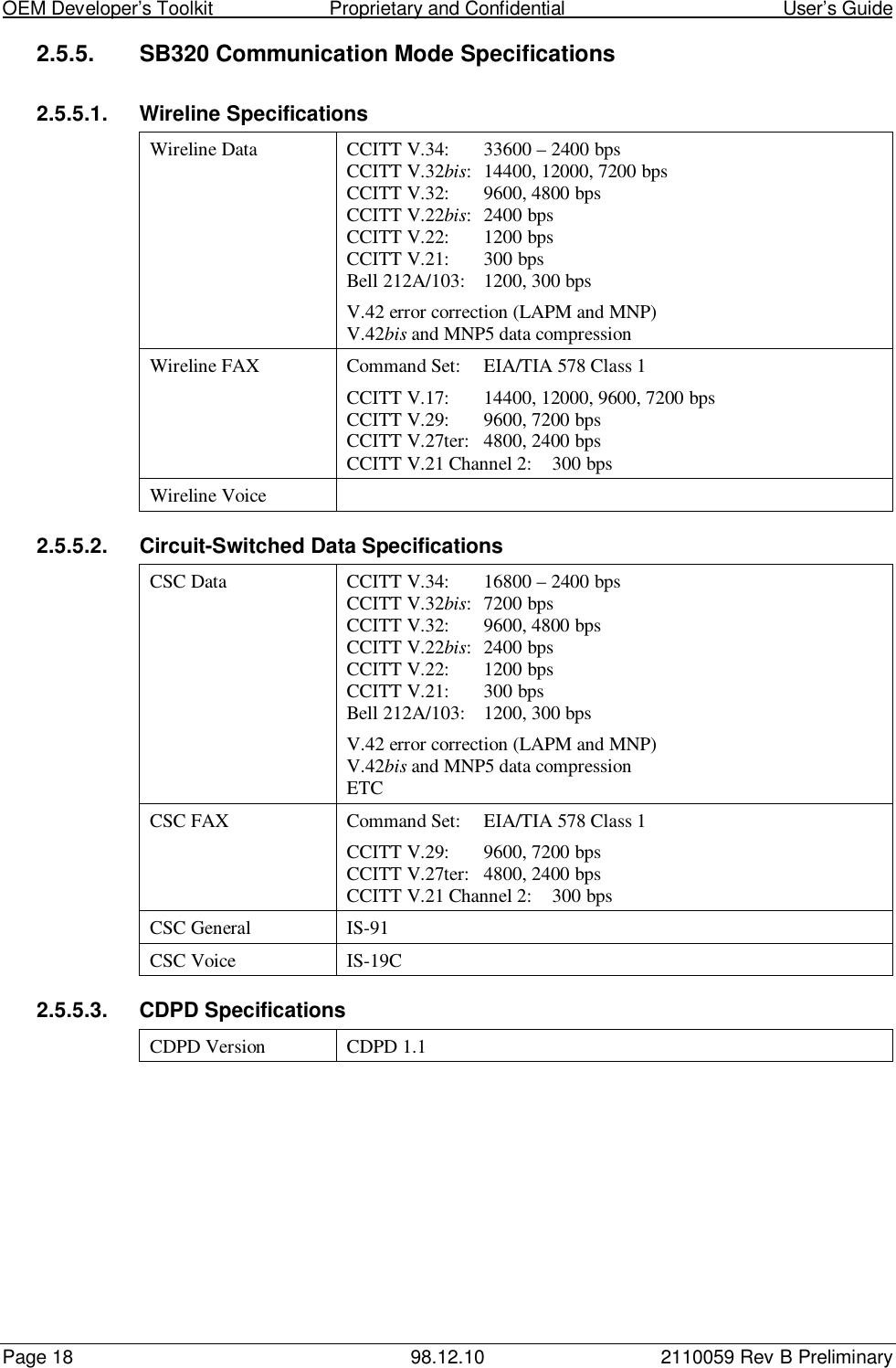 OEM Developer’s Toolkit                        Proprietary and Confidential                                        User’s GuidePage 18 98.12.10 2110059 Rev B Preliminary2.5.5.  SB320 Communication Mode Specifications2.5.5.1.  Wireline SpecificationsWireline Data CCITT V.34: 33600 – 2400 bpsCCITT V.32bis: 14400, 12000, 7200 bpsCCITT V.32: 9600, 4800 bpsCCITT V.22bis: 2400 bpsCCITT V.22: 1200 bpsCCITT V.21: 300 bpsBell 212A/103: 1200, 300 bpsV.42 error correction (LAPM and MNP)V.42bis and MNP5 data compressionWireline FAX Command Set: EIA/TIA 578 Class 1CCITT V.17: 14400, 12000, 9600, 7200 bpsCCITT V.29: 9600, 7200 bpsCCITT V.27ter: 4800, 2400 bpsCCITT V.21 Channel 2: 300 bpsWireline Voice2.5.5.2.  Circuit-Switched Data SpecificationsCSC Data CCITT V.34: 16800 – 2400 bpsCCITT V.32bis: 7200 bpsCCITT V.32: 9600, 4800 bpsCCITT V.22bis: 2400 bpsCCITT V.22: 1200 bpsCCITT V.21: 300 bpsBell 212A/103: 1200, 300 bpsV.42 error correction (LAPM and MNP)V.42bis and MNP5 data compressionETCCSC FAX Command Set: EIA/TIA 578 Class 1CCITT V.29: 9600, 7200 bpsCCITT V.27ter: 4800, 2400 bpsCCITT V.21 Channel 2: 300 bpsCSC General IS-91CSC Voice IS-19C2.5.5.3. CDPD SpecificationsCDPD Version CDPD 1.1