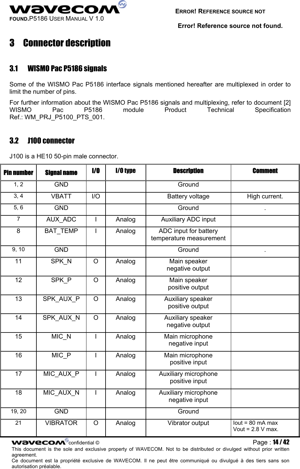   ERROR! REFERENCE SOURCE NOT FOUND.P5186 USER MANUAL V 1.0 Error! Reference source not found. 3 Connector description 3.1  WISMO Pac P5186 signals Some of the WISMO Pac P5186 interface signals mentioned hereafter are multiplexed in order to limit the number of pins. For further information about the WISMO Pac P5186 signals and multiplexing, refer to document [2] WISMO Pac P5186 module Product Technical Specification Ref.: WM_PRJ_P5100_PTS_001. 3.2 J100 connector J100 is a HE10 50-pin male connector. Pin number  Signal name  I/O  I/O type  Description Comment 1, 2  GND     Ground   3, 4  VBATT I/O    Battery voltage  High current. 5, 6  GND     Ground  . 7  AUX_ADC  I  Analog  Auxiliary ADC input   8  BAT_TEMP  I  Analog  ADC input for battery temperature measurement  9, 10  GND     Ground  . 11 SPK_N O Analog  Main speaker negative output  12 SPK_P O Analog  Main speaker positive output  13 SPK_AUX_P O Analog  Auxiliary speaker positive output  14 SPK_AUX_N O Analog  Auxiliary speaker negative output  15 MIC_N I Analog Main microphone negative input  16 MIC_P I Analog Main microphone positive input  17 MIC_AUX_P I Analog  Auxiliary microphone positive input  18 MIC_AUX_N I Analog  Auxiliary microphone negative input  19, 20  GND     Ground   21  VIBRATOR O  Analog  Vibrator output  Iout = 80 mA max Vout = 2.8 V max. confidential © Page : 14 / 42This document is the sole and exclusive property of WAVECOM. Not to be distributed or divulged without prior written agreement.  Ce document est la propriété exclusive de WAVECOM. Il ne peut être communiqué ou divulgué à des tiers sans son autorisation préalable.  