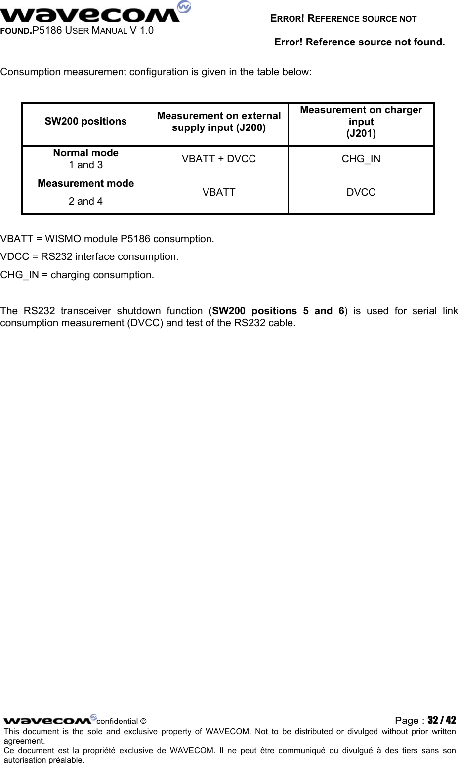   ERROR! REFERENCE SOURCE NOT FOUND.P5186 USER MANUAL V 1.0 Error! Reference source not found.  Consumption measurement configuration is given in the table below:  SW200 positions  Measurement on external supply input (J200) Measurement on charger input (J201) Normal mode 1 and 3  VBATT + DVCC  CHG_IN Measurement mode 2 and 4  VBATT DVCC  VBATT = WISMO module P5186 consumption. VDCC = RS232 interface consumption. CHG_IN = charging consumption.  The RS232 transceiver shutdown function (SW200 positions 5 and 6) is used for serial link consumption measurement (DVCC) and test of the RS232 cable. confidential © Page : 32 / 42This document is the sole and exclusive property of WAVECOM. Not to be distributed or divulged without prior written agreement.  Ce document est la propriété exclusive de WAVECOM. Il ne peut être communiqué ou divulgué à des tiers sans son autorisation préalable.  