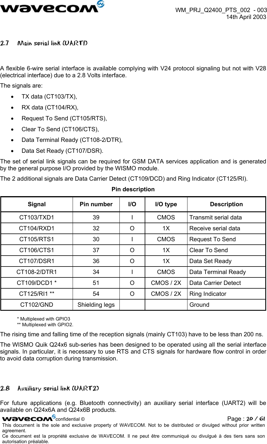  WM_PRJ_Q2400_PTS_002  - 003  14th April 2003   2.7  Main serial link (UART1)  A flexible 6-wire serial interface is available complying with V24 protocol signaling but not with V28 (electrical interface) due to a 2.8 Volts interface. The signals are: •  TX data (CT103/TX), •  RX data (CT104/RX), •  Request To Send (CT105/RTS), •  Clear To Send (CT106/CTS), •  Data Terminal Ready (CT108-2/DTR), •  Data Set Ready (CT107/DSR). The set of serial link signals can be required for GSM DATA services application and is generated by the general purpose I/O provided by the WISMO module. The 2 additional signals are Data Carrier Detect (CT109/DCD) and Ring Indicator (CT125/RI). Pin description  Signal  Pin number  I/O  I/O type  Description CT103/TXD1  39  I  CMOS   Transmit serial data CT104/RXD1  32  O  1X  Receive serial data CT105/RTS1  30  I  CMOS  Request To Send CT106/CTS1  37  O  1X  Clear To Send CT107/DSR1  36  O  1X  Data Set Ready CT108-2/DTR1  34  I  CMOS  Data Terminal Ready CT109/DCD1 *  51  O  CMOS / 2X  Data Carrier Detect CT125/RI1 **  54  O  CMOS / 2X  Ring Indicator CT102/GND Shielding legs    Ground * Multiplexed with GPIO3 ** Multiplexed with GPIO2. The rising time and falling time of the reception signals (mainly CT103) have to be less than 200 ns. The WISMO Quik Q24x6 sub-series has been designed to be operated using all the serial interface signals. In particular, it is necessary to use RTS and CTS signals for hardware flow control in order to avoid data corruption during transmission.  2.8  Auxiliary serial link (UART2) For future applications (e.g. Bluetooth connectivity) an auxiliary serial interface (UART2) will be available on Q24x6A and Q24x6B products. confidential © Page : 20 / 61This document is the sole and exclusive property of WAVECOM. Not to be distributed or divulged without prior written agreement.  Ce document est la propriété exclusive de WAVECOM. Il ne peut être communiqué ou divulgué à des tiers sans son autorisation préalable.  