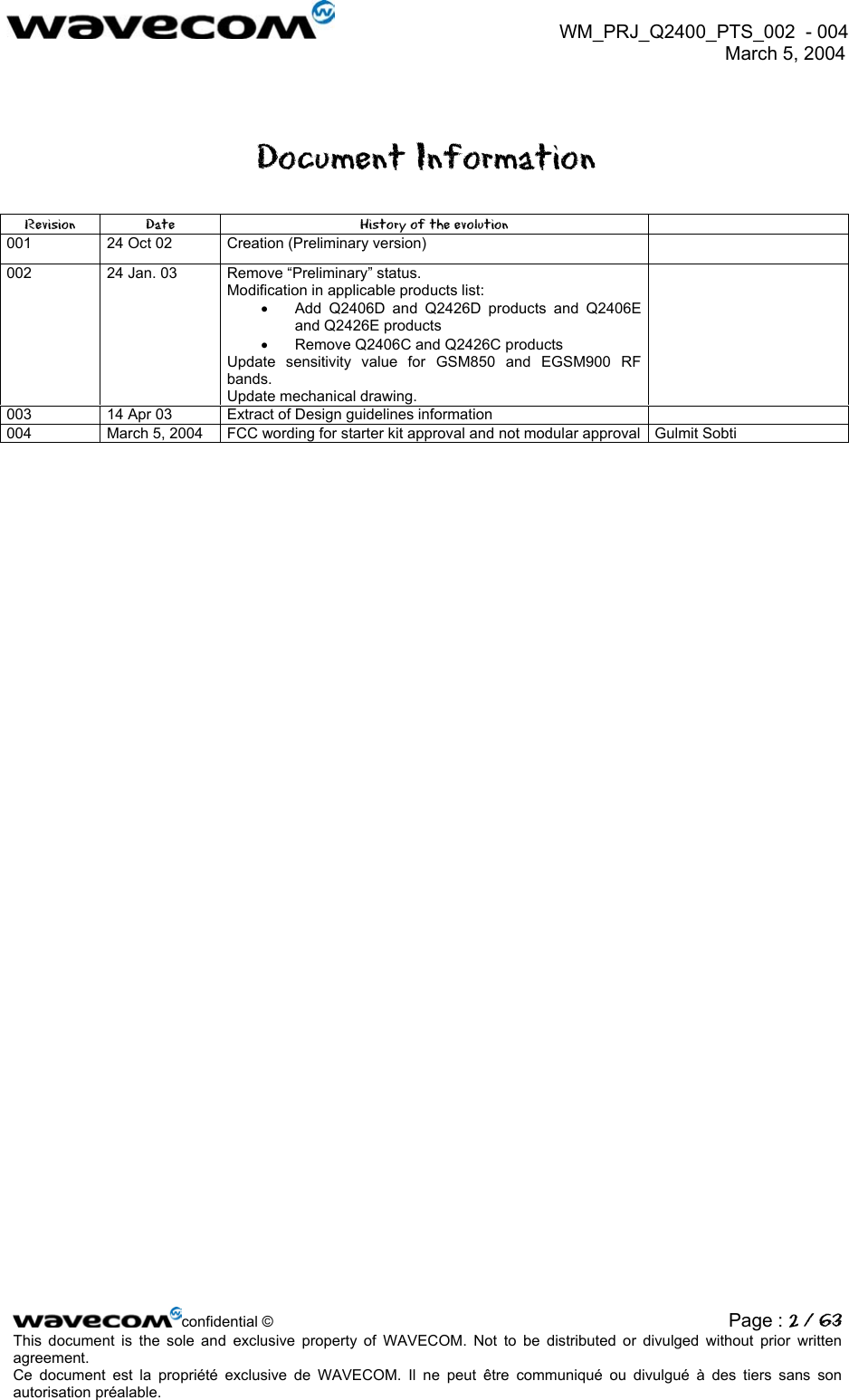  WM_PRJ_Q2400_PTS_002  - 004  March 5, 2004   Document Information Revision  Date  History of the evolution   001  24 Oct 02  Creation (Preliminary version)   002  24 Jan. 03  Remove “Preliminary” status. Modification in applicable products list: •  Add Q2406D and Q2426D products and Q2406E and Q2426E products •  Remove Q2406C and Q2426C products Update sensitivity value for GSM850 and EGSM900 RF bands. Update mechanical drawing.  003  14 Apr 03  Extract of Design guidelines information   004  March 5, 2004  FCC wording for starter kit approval and not modular approval Gulmit Sobti            confidential © Page : 2 / 63This document is the sole and exclusive property of WAVECOM. Not to be distributed or divulged without prior written agreement.  Ce document est la propriété exclusive de WAVECOM. Il ne peut être communiqué ou divulgué à des tiers sans son autorisation préalable.  