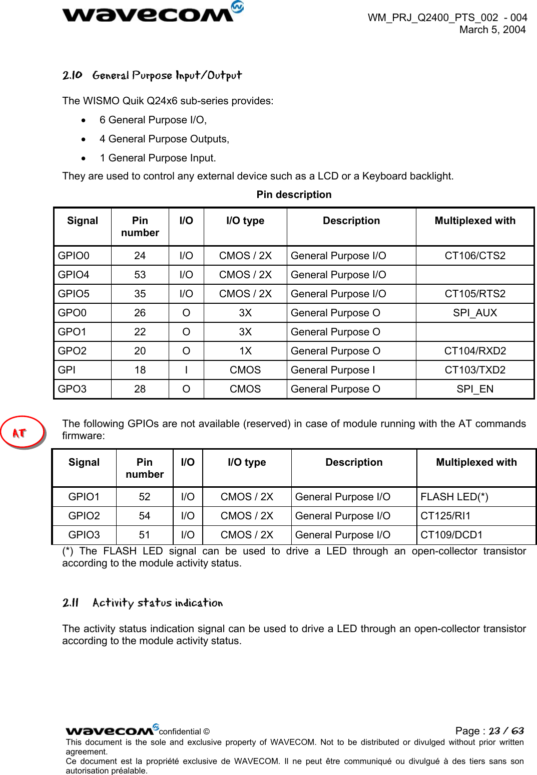  WM_PRJ_Q2400_PTS_002  - 004  March 5, 2004   2.10  General Purpose Input/Output The WISMO Quik Q24x6 sub-series provides: •  6 General Purpose I/O, •  4 General Purpose Outputs, •  1 General Purpose Input. They are used to control any external device such as a LCD or a Keyboard backlight.  Pin description Signal Pin number I/O I/O type  Description  Multiplexed with GPIO0  24  I/O  CMOS / 2X  General Purpose I/O  CT106/CTS2 GPIO4  53  I/O  CMOS / 2X  General Purpose I/O   GPIO5  35  I/O  CMOS / 2X  General Purpose I/O  CT105/RTS2 GPO0  26  O  3X  General Purpose O  SPI_AUX GPO1  22  O  3X  General Purpose O   GPO2  20  O  1X  General Purpose O  CT104/RXD2 GPI  18  I  CMOS  General Purpose I  CT103/TXD2 GPO3  28  O  CMOS  General Purpose O  SPI_EN  AAAT TT  The following GPIOs are not available (reserved) in case of module running with the AT commands firmware: Signal Pin number I/O I/O type  Description  Multiplexed with GPIO1  52  I/O  CMOS / 2X  General Purpose I/O  FLASH LED(*) GPIO2  54  I/O  CMOS / 2X  General Purpose I/O  CT125/RI1 GPIO3  51  I/O  CMOS / 2X  General Purpose I/O  CT109/DCD1 (*) The FLASH LED signal can be used to drive a LED through an open-collector transistor according to the module activity status. 2.11  Activity status indication The activity status indication signal can be used to drive a LED through an open-collector transistor according to the module activity status.  confidential © Page : 23 / 63This document is the sole and exclusive property of WAVECOM. Not to be distributed or divulged without prior written agreement.  Ce document est la propriété exclusive de WAVECOM. Il ne peut être communiqué ou divulgué à des tiers sans son autorisation préalable.  