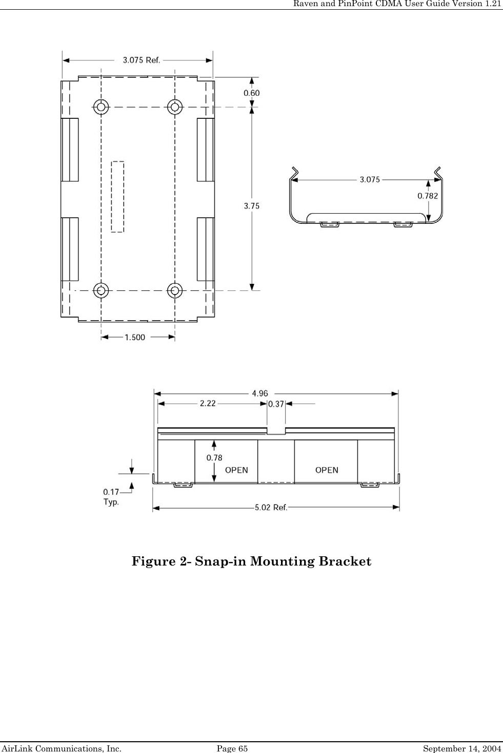     Raven and PinPoint CDMA User Guide Version 1.21  AirLink Communications, Inc.  Page 65  September 14, 2004   Figure 2- Snap-in Mounting Bracket 