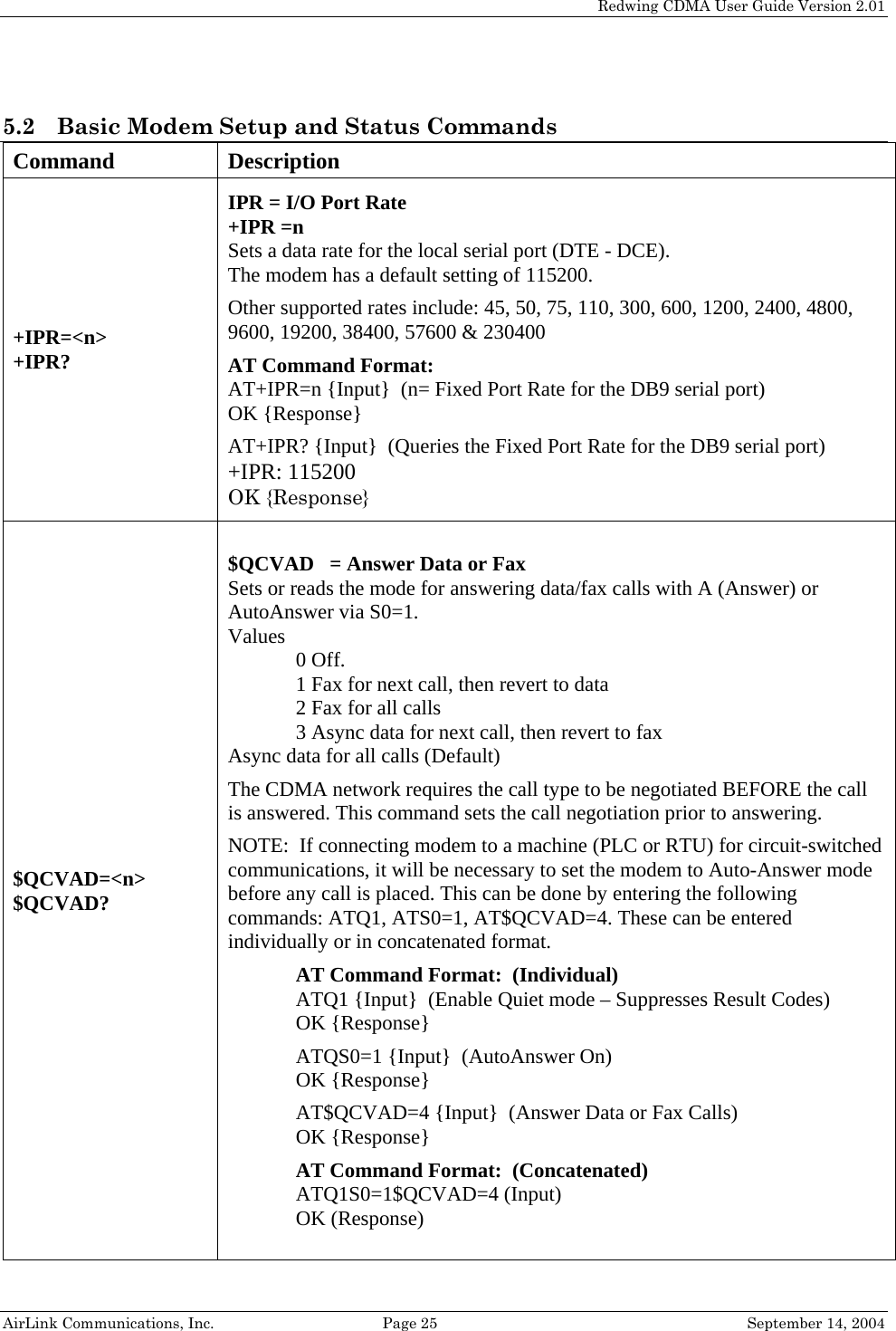   Redwing CDMA User Guide Version 2.01   AirLink Communications, Inc.  Page 25  September 14, 2004 5.2 Basic Modem Setup and Status Commands Command Description +IPR=&lt;n&gt; +IPR? IPR = I/O Port Rate +IPR =n Sets a data rate for the local serial port (DTE - DCE).  The modem has a default setting of 115200.   Other supported rates include: 45, 50, 75, 110, 300, 600, 1200, 2400, 4800, 9600, 19200, 38400, 57600 &amp; 230400  AT Command Format: AT+IPR=n {Input}  (n= Fixed Port Rate for the DB9 serial port) OK {Response}  AT+IPR? {Input}  (Queries the Fixed Port Rate for the DB9 serial port) +IPR: 115200 OK {Response} $QCVAD=&lt;n&gt; $QCVAD? $QCVAD   = Answer Data or Fax Sets or reads the mode for answering data/fax calls with A (Answer) or AutoAnswer via S0=1. Values  0 Off. 1 Fax for next call, then revert to data 2 Fax for all calls 3 Async data for next call, then revert to fax Async data for all calls (Default)  The CDMA network requires the call type to be negotiated BEFORE the call is answered. This command sets the call negotiation prior to answering.   NOTE:  If connecting modem to a machine (PLC or RTU) for circuit-switched communications, it will be necessary to set the modem to Auto-Answer mode before any call is placed. This can be done by entering the following commands: ATQ1, ATS0=1, AT$QCVAD=4. These can be entered individually or in concatenated format.  AT Command Format:  (Individual) ATQ1 {Input}  (Enable Quiet mode – Suppresses Result Codes) OK {Response}  ATQS0=1 {Input}  (AutoAnswer On) OK {Response}  AT$QCVAD=4 {Input}  (Answer Data or Fax Calls) OK {Response}  AT Command Format:  (Concatenated) ATQ1S0=1$QCVAD=4 (Input) OK (Response) 