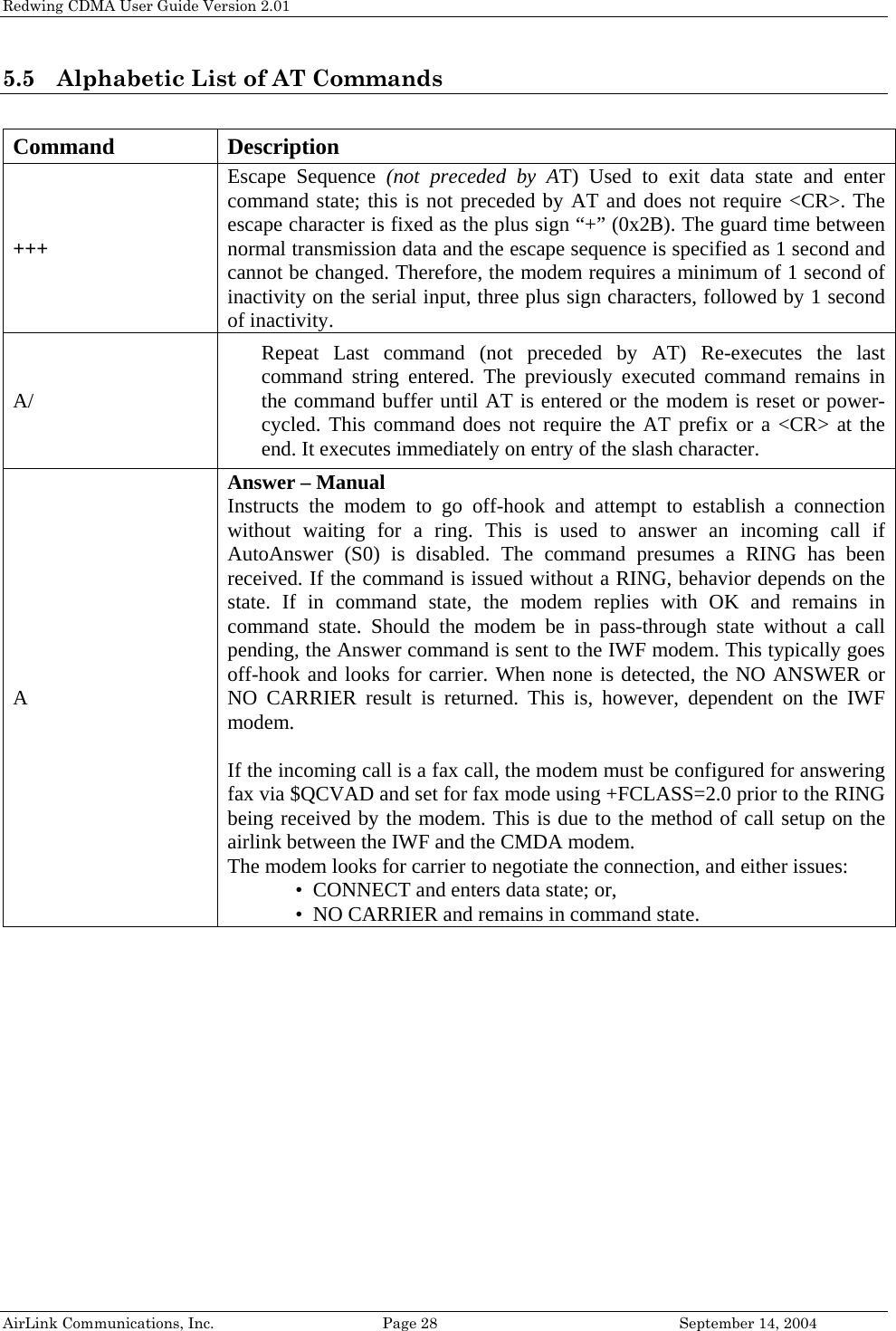 Redwing CDMA User Guide Version 2.01 AirLink Communications, Inc.  Page 28  September 14, 2004 5.5 Alphabetic List of AT Commands  Command Description +++ Escape Sequence (not preceded by AT) Used to exit data state and enter command state; this is not preceded by AT and does not require &lt;CR&gt;. The escape character is fixed as the plus sign “+” (0x2B). The guard time between normal transmission data and the escape sequence is specified as 1 second and cannot be changed. Therefore, the modem requires a minimum of 1 second of inactivity on the serial input, three plus sign characters, followed by 1 second of inactivity. A/ Repeat Last command (not preceded by AT) Re-executes the last command string entered. The previously executed command remains in the command buffer until AT is entered or the modem is reset or power-cycled. This command does not require the AT prefix or a &lt;CR&gt; at the end. It executes immediately on entry of the slash character. A Answer – Manual Instructs the modem to go off-hook and attempt to establish a connection without waiting for a ring. This is used to answer an incoming call if AutoAnswer (S0) is disabled. The command presumes a RING has been received. If the command is issued without a RING, behavior depends on the state. If in command state, the modem replies with OK and remains in command state. Should the modem be in pass-through state without a call pending, the Answer command is sent to the IWF modem. This typically goes off-hook and looks for carrier. When none is detected, the NO ANSWER or NO CARRIER result is returned. This is, however, dependent on the IWF modem.  If the incoming call is a fax call, the modem must be configured for answering fax via $QCVAD and set for fax mode using +FCLASS=2.0 prior to the RING being received by the modem. This is due to the method of call setup on the airlink between the IWF and the CMDA modem. The modem looks for carrier to negotiate the connection, and either issues: •  CONNECT and enters data state; or, •  NO CARRIER and remains in command state. 