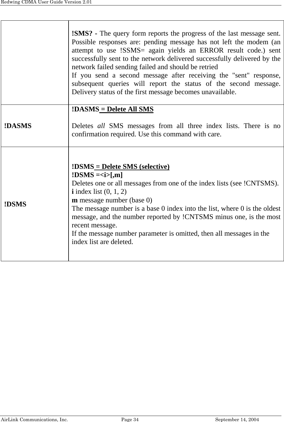 Redwing CDMA User Guide Version 2.01 AirLink Communications, Inc.  Page 34  September 14, 2004  !SMS? - The query form reports the progress of the last message sent. Possible responses are: pending message has not left the modem (an attempt to use !SSMS= again yields an ERROR result code.) sent successfully sent to the network delivered successfully delivered by the network failed sending failed and should be retried If you send a second message after receiving the &quot;sent&quot; response, subsequent queries will report the status of the second message. Delivery status of the first message becomes unavailable.  !DASMS!DASMS = Delete All SMS  Deletes  all  SMS messages from all three index lists. There is no confirmation required. Use this command with care.  !DSMS!DSMS = Delete SMS (selective) !DSMS =&lt;i&gt;[,m]  Deletes one or all messages from one of the index lists (see !CNTSMS). i index list (0, 1, 2) m message number (base 0) The message number is a base 0 index into the list, where 0 is the oldest message, and the number reported by !CNTSMS minus one, is the most recent message. If the message number parameter is omitted, then all messages in the index list are deleted.   