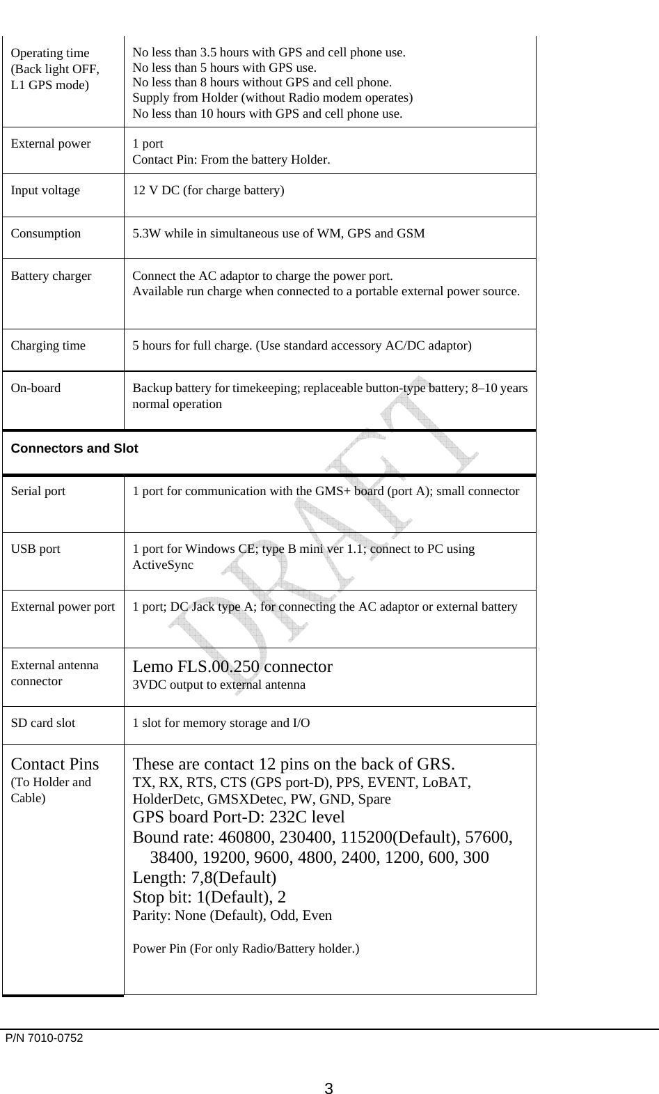       P/N 7010-0752      3 Operating time (Back light OFF, L1 GPS mode) No less than 3.5 hours with GPS and cell phone use. No less than 5 hours with GPS use. No less than 8 hours without GPS and cell phone. Supply from Holder (without Radio modem operates) No less than 10 hours with GPS and cell phone use. External power  1 port Contact Pin: From the battery Holder. Input voltage  12 V DC (for charge battery)  Consumption  5.3W while in simultaneous use of WM, GPS and GSM Battery charger  Connect the AC adaptor to charge the power port. Available run charge when connected to a portable external power source. Charging time  5 hours for full charge. (Use standard accessory AC/DC adaptor) On-board  Backup battery for timekeeping; replaceable button-type battery; 8–10 years normal operation Connectors and Slot Serial port  1 port for communication with the GMS+ board (port A); small connector USB port  1 port for Windows CE; type B mini ver 1.1; connect to PC using ActiveSync External power port  1 port; DC Jack type A; for connecting the AC adaptor or external battery External antenna connector  Lemo FLS.00.250 connector  3VDC output to external antenna SD card slot  1 slot for memory storage and I/O Contact Pins (To Holder and Cable) These are contact 12 pins on the back of GRS. TX, RX, RTS, CTS (GPS port-D), PPS, EVENT, LoBAT, HolderDetc, GMSXDetec, PW, GND, Spare GPS board Port-D: 232C level Bound rate: 460800, 230400, 115200(Default), 57600, 38400, 19200, 9600, 4800, 2400, 1200, 600, 300 Length: 7,8(Default) Stop bit: 1(Default), 2 Parity: None (Default), Odd, Even  Power Pin (For only Radio/Battery holder.)   