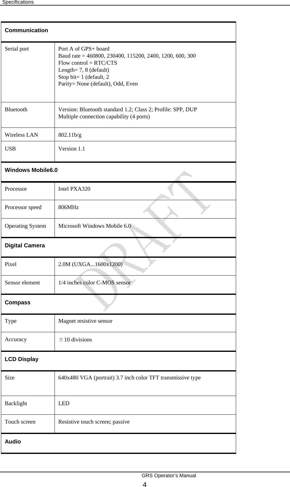  Specifications        GRS Operator’s Manual 4 Communication Serial port  Port A of GPS+ board Baud rate = 460800, 230400, 115200, 2400, 1200, 600, 300 Flow control = RTC/CTS Length= 7, 8 (default) Stop bit= 1 (default, 2 Parity= None (default), Odd, Even Bluetooth Version: Bluetooth standard 1.2; Class 2; Profile: SPP, DUP Multiple connection capability (4 ports) Wireless LAN  802.11b/g USB Version 1.1 Windows Mobile6.0 Processor Intel PXA320 Processor speed  806MHz Operating System  Microsoft Windows Mobile 6.0 Digital Camera Pixel 2.0M (UXGA...1600x1200) Sensor element  1/4 inches color C-MOS sensor Compass Type  Magnet resistive sensor Accuracy  ±10 divisions LCD Display Size  640x480 VGA (portrait) 3.7 inch color TFT transmissive type Backlight LED Touch screen  Resistive touch screen; passive Audio 