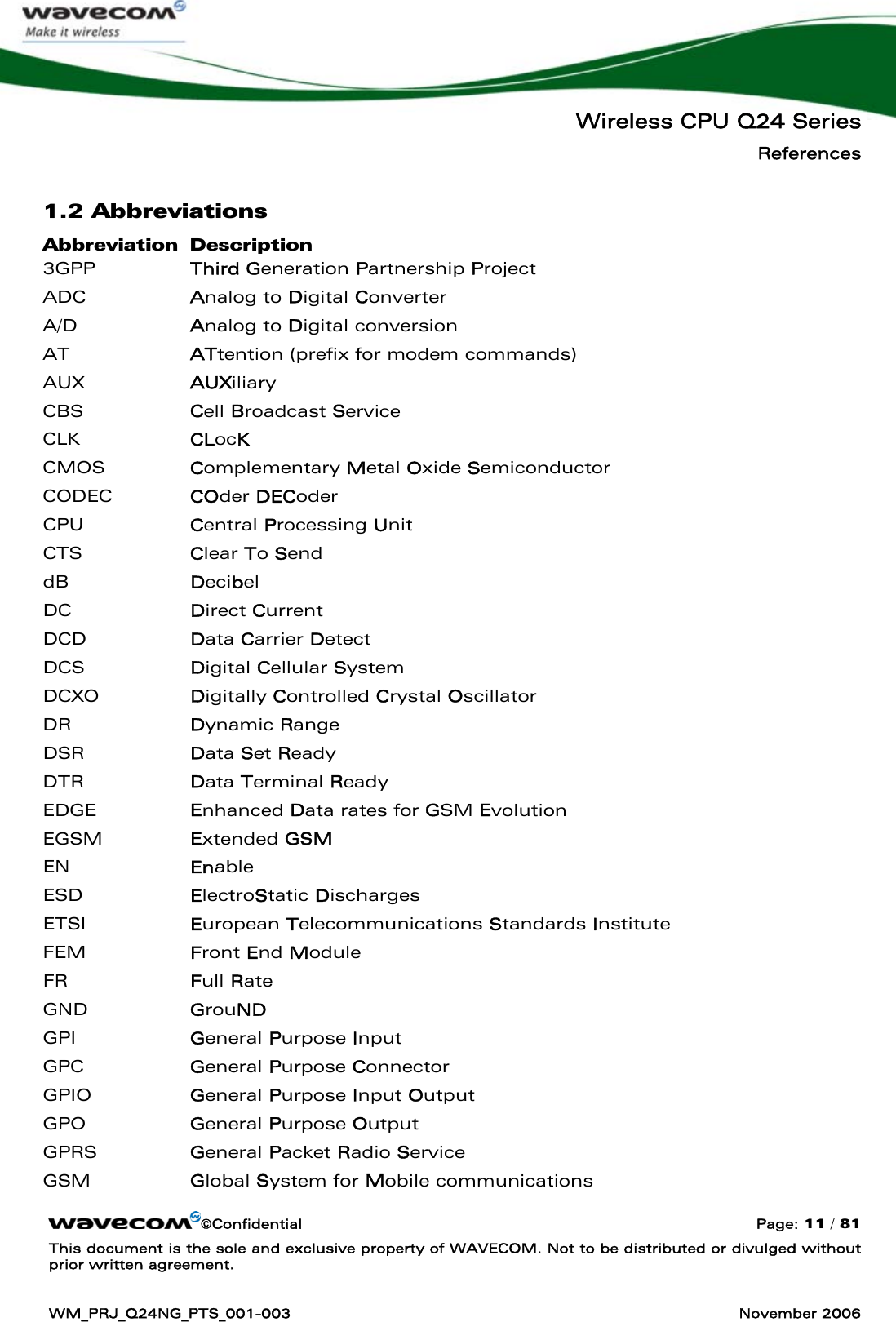   Wireless CPU Q24 Series References ©Confidential  Page: 11 / 81 This document is the sole and exclusive property of WAVECOM. Not to be distributed or divulged without prior written agreement.  WM_PRJ_Q24NG_PTS_001-003  November 2006  1.2 Abbreviations Abbreviation Description 3GPP  Third Generation Partnership Project ADC  Analog to Digital Converter A/D  Analog to Digital conversion AT  ATtention (prefix for modem commands) AUX  AUXiliary CBS  Cell Broadcast Service CLK  CLocK CMOS  Complementary Metal Oxide Semiconductor CODEC  COder DECoder CPU  Central Processing Unit CTS  Clear To Send dB  Decibel DC  Direct Current DCD  Data Carrier Detect DCS  Digital Cellular System DCXO  Digitally Controlled Crystal Oscillator DR  Dynamic Range DSR  Data Set Ready DTR  Data Terminal Ready EDGE  Enhanced Data rates for GSM Evolution EGSM  Extended GSM EN  Enable ESD  ElectroStatic Discharges ETSI  European Telecommunications Standards Institute FEM  Front End Module FR  Full Rate GND  GrouND GPI  General Purpose Input GPC  General Purpose Connector GPIO  General Purpose Input Output GPO  General Purpose Output GPRS  General Packet Radio Service GSM  Global System for Mobile communications 