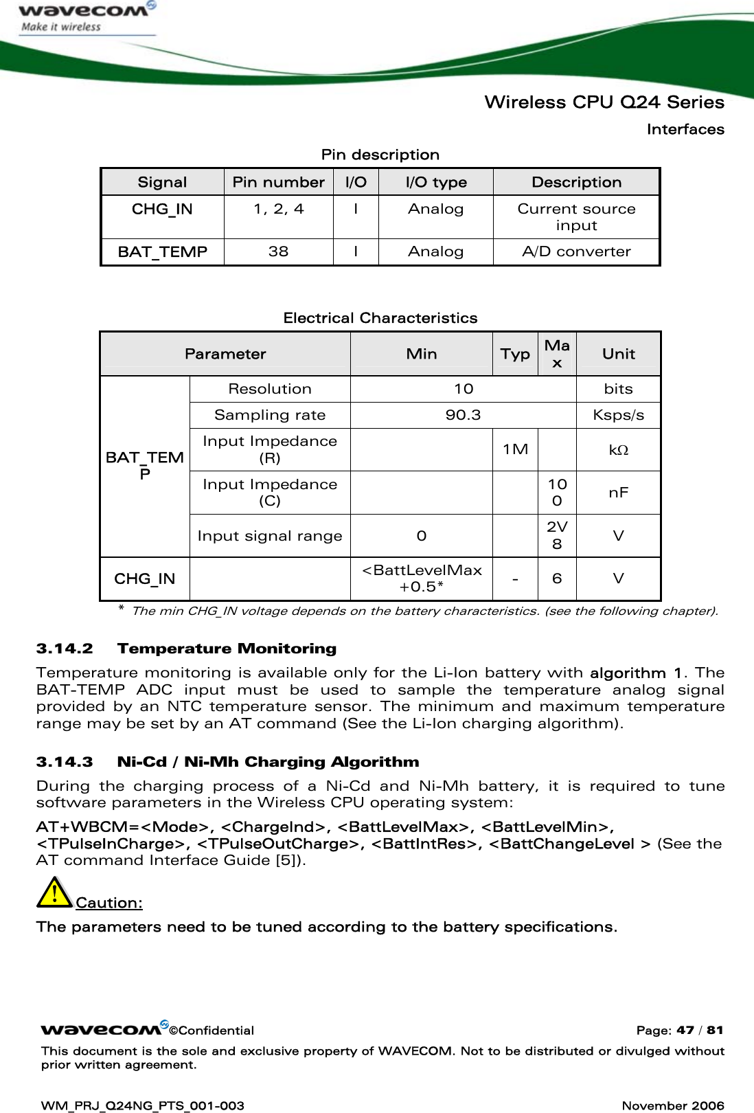   Wireless CPU Q24 Series Interfaces ©Confidential  Page: 47 / 81 This document is the sole and exclusive property of WAVECOM. Not to be distributed or divulged without prior written agreement.  WM_PRJ_Q24NG_PTS_001-003  November 2006  Pin description Signal  Pin number I/O  I/O type  Description CHG_IN  1, 2, 4  I  Analog  Current source input BAT_TEMP  38 I Analog A/D converter  Electrical Characteristics Parameter  Min  Typ Max  Unit Resolution 10 bits Sampling rate  90.3  Ksps/s Input Impedance  (R)   1M  kΩ Input Impedance  (C)    100  nF BAT_TEMP Input signal range 0  2V8  V CHG_IN   &lt;BattLevelMax+0.5*  - 6  V * The min CHG_IN voltage depends on the battery characteristics. (see the following chapter). 3.14.2 Temperature Monitoring Temperature monitoring is available only for the Li-Ion battery with algorithm 1. The BAT-TEMP ADC input must be used to sample the temperature analog signal provided by an NTC temperature sensor. The minimum and maximum temperature range may be set by an AT command (See the Li-Ion charging algorithm). 3.14.3 Ni-Cd / Ni-Mh Charging Algorithm During the charging process of a Ni-Cd and Ni-Mh battery, it is required to tune  software parameters in the Wireless CPU operating system: AT+WBCM=&lt;Mode&gt;, &lt;ChargeInd&gt;, &lt;BattLevelMax&gt;, &lt;BattLevelMin&gt;, &lt;TPulseInCharge&gt;, &lt;TPulseOutCharge&gt;, &lt;BattIntRes&gt;, &lt;BattChangeLevel &gt; (See the AT command Interface Guide [5]). Caution:  The parameters need to be tuned according to the battery specifications.    