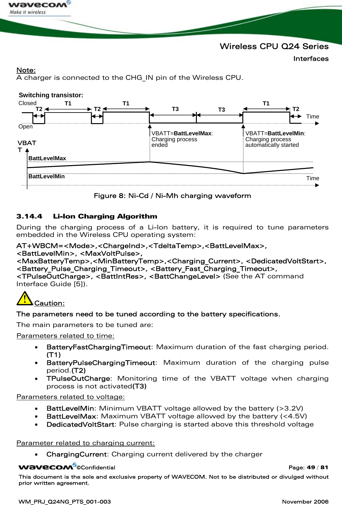   Wireless CPU Q24 Series Interfaces ©Confidential  Page: 49 / 81 This document is the sole and exclusive property of WAVECOM. Not to be distributed or divulged without prior written agreement.  WM_PRJ_Q24NG_PTS_001-003  November 2006  Note:  A charger is connected to the CHG_IN pin of the Wireless CPU.                Figure 8: Ni-Cd / Ni-Mh charging waveform 3.14.4 Li-Ion Charging Algorithm During the charging process of a Li-Ion battery, it is required to tune parameters embedded in the Wireless CPU operating system: AT+WBCM=&lt;Mode&gt;,&lt;ChargeInd&gt;,&lt;TdeltaTemp&gt;,&lt;BattLevelMax&gt;, &lt;BattLevelMin&gt;, &lt;MaxVoltPulse&gt;, &lt;MaxBatteryTemp&gt;,&lt;MinBatteryTemp&gt;,&lt;Charging_Current&gt;, &lt;DedicatedVoltStart&gt;, &lt;Battery_Pulse_Charging_Timeout&gt;, &lt;Battery_Fast_Charging_Timeout&gt;, &lt;TPulseOutCharge&gt;, &lt;BattIntRes&gt;, &lt;BattChangeLevel&gt; (See the AT command Interface Guide [5]). Caution:  The parameters need to be tuned according to the battery specifications. The main parameters to be tuned are: Parameters related to time: • BatteryFastChargingTimeout: Maximum duration of the fast charging period. (T1) • BatteryPulseChargingTimeout: Maximum duration of the charging pulse period.(T2) • TPulseOutCharge: Monitoring time of the VBATT voltage when charging process is not activated(T3) Parameters related to voltage: • BattLevelMin: Minimum VBATT voltage allowed by the battery (&gt;3.2V) • BattLevelMax: Maximum VBATT voltage allowed by the battery (&lt;4.5V) • DedicatedVoltStart: Pulse charging is started above this threshold voltage  Parameter related to charging current: • ChargingCurrent: Charging current delivered by the charger VBATT=BattLevelMax:Charging process ended VBATT=BattLevelMin:Charging process automatically started T3  T3 T2 T2  T1 T1  T1  T2 Switching transistor: Closed Open Time VBATT BattLevelMax BattLevelMin  Time 