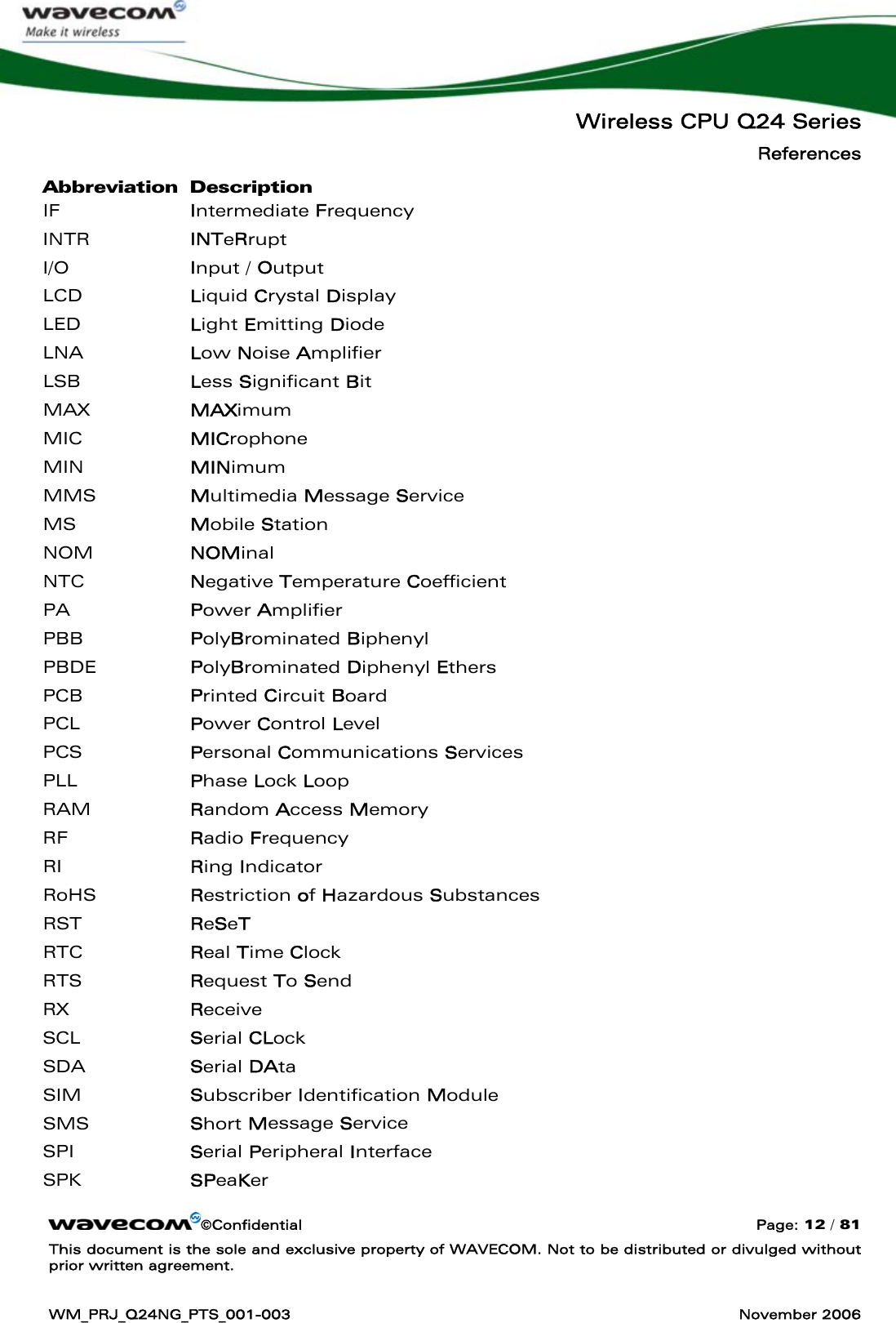   Wireless CPU Q24 Series References ©Confidential  Page: 12 / 81 This document is the sole and exclusive property of WAVECOM. Not to be distributed or divulged without prior written agreement.  WM_PRJ_Q24NG_PTS_001-003  November 2006  Abbreviation Description IF  Intermediate Frequency INTR  INTeRrupt I/O  Input / Output LCD  Liquid Crystal Display LED  Light Emitting Diode LNA  Low Noise Amplifier LSB  Less Significant Bit MAX  MAXimum MIC  MICrophone MIN  MINimum MMS  Multimedia Message Service MS  Mobile Station NOM  NOMinal NTC  Negative Temperature Coefficient PA  Power Amplifier PBB  PolyBrominated Biphenyl PBDE  PolyBrominated Diphenyl Ethers PCB  Printed Circuit Board PCL  Power Control Level PCS  Personal Communications Services PLL  Phase Lock Loop RAM  Random Access Memory RF  Radio Frequency RI  Ring Indicator RoHS  Restriction of Hazardous Substances RST  ReSeT RTC   Real Time Clock RTS  Request To Send RX  Receive  SCL  Serial CLock SDA  Serial DAta SIM  Subscriber Identification Module SMS  Short Message Service SPI  Serial Peripheral Interface SPK  SPeaKer 