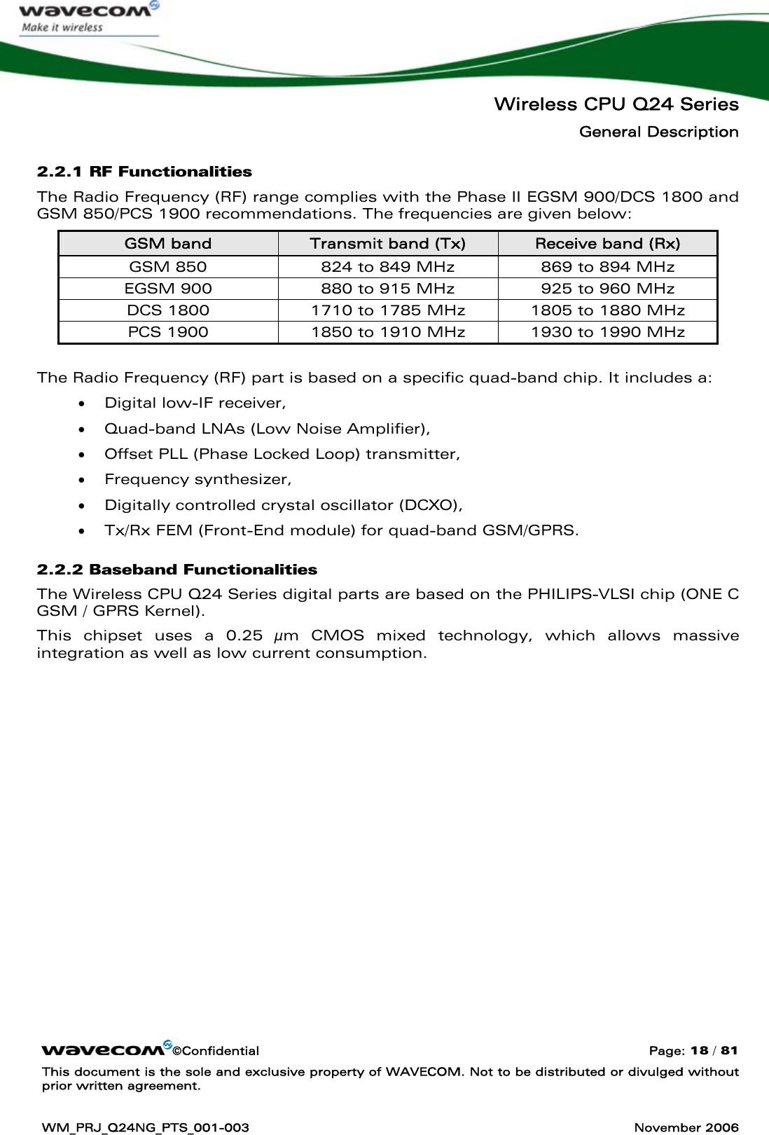   Wireless CPU Q24 Series General Description ©Confidential  Page: 18 / 81 This document is the sole and exclusive property of WAVECOM. Not to be distributed or divulged without prior written agreement.  WM_PRJ_Q24NG_PTS_001-003  November 2006  2.2.1 RF Functionalities The Radio Frequency (RF) range complies with the Phase II EGSM 900/DCS 1800 and GSM 850/PCS 1900 recommendations. The frequencies are given below: GSM band  Transmit band (Tx)  Receive band (Rx) GSM 850  824 to 849 MHz  869 to 894 MHz EGSM 900  880 to 915 MHz  925 to 960 MHz DCS 1800  1710 to 1785 MHz  1805 to 1880 MHz PCS 1900  1850 to 1910 MHz  1930 to 1990 MHz  The Radio Frequency (RF) part is based on a specific quad-band chip. It includes a: • Digital low-IF receiver, • Quad-band LNAs (Low Noise Amplifier), • Offset PLL (Phase Locked Loop) transmitter, • Frequency synthesizer, • Digitally controlled crystal oscillator (DCXO), • Tx/Rx FEM (Front-End module) for quad-band GSM/GPRS. 2.2.2 Baseband Functionalities The Wireless CPU Q24 Series digital parts are based on the PHILIPS-VLSI chip (ONE C GSM / GPRS Kernel). This chipset uses a 0.25 μm CMOS mixed technology, which allows massive integration as well as low current consumption.  