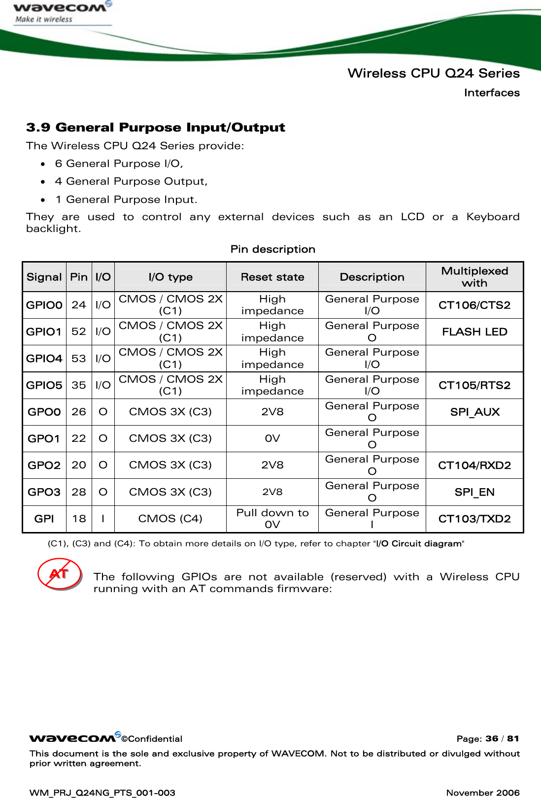   Wireless CPU Q24 Series Interfaces ©Confidential  Page: 36 / 81 This document is the sole and exclusive property of WAVECOM. Not to be distributed or divulged without prior written agreement.  WM_PRJ_Q24NG_PTS_001-003  November 2006  3.9 General Purpose Input/Output The Wireless CPU Q24 Series provide: • 6 General Purpose I/O, • 4 General Purpose Output, • 1 General Purpose Input. They are used to control any external devices such as an LCD or a Keyboard backlight.  Pin description Signal  Pin  I/O  I/O type  Reset state  Description  Multiplexed with GPIO0  24 I/O CMOS / CMOS 2X (C1) High impedance General Purpose I/O  CT106/CTS2 GPIO1  52 I/O CMOS / CMOS 2X (C1) High impedance General Purpose O  FLASH LED GPIO4  53 I/O CMOS / CMOS 2X (C1) High impedance General Purpose I/O   GPIO5  35 I/O CMOS / CMOS 2X (C1) High impedance General Purpose I/O  CT105/RTS2 GPO0  26  O  CMOS 3X (C3)  2V8  General Purpose O  SPI_AUX GPO1  22  O  CMOS 3X (C3)  0V  General Purpose O   GPO2  20  O  CMOS 3X (C3)  2V8  General Purpose O  CT104/RXD2 GPO3  28  O  CMOS 3X (C3)  2V8 General Purpose O  SPI_EN GPI  18 I  CMOS (C4)  Pull down to 0V General Purpose I  CT103/TXD2 (C1), (C3) and (C4): To obtain more details on I/O type, refer to chapter &quot;I/O Circuit diagram&quot;  The following GPIOs are not available (reserved) with a Wireless CPU running with an AT commands firmware:  AAATTT   