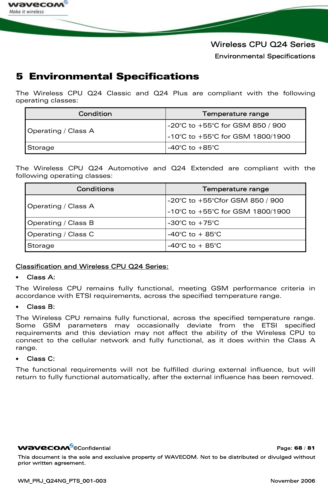   Wireless CPU Q24 Series Environmental Specifications ©Confidential  Page: 68 / 81 This document is the sole and exclusive property of WAVECOM. Not to be distributed or divulged without prior written agreement.  WM_PRJ_Q24NG_PTS_001-003  November 2006  5 Environmental Specifications The Wireless CPU Q24 Classic and Q24 Plus are compliant with the following operating classes: Condition  Temperature range Operating / Class A  -20°C to +55°C for GSM 850 / 900 -10°C to +55°C for GSM 1800/1900 Storage  -40°C to +85°C  The Wireless CPU Q24 Automotive and Q24 Extended are compliant with the following operating classes: Conditions  Temperature range Operating / Class A  -20°C to +55°Cfor GSM 850 / 900 -10°C to +55°C for GSM 1800/1900 Operating / Class B  -30°C to +75°C Operating / Class C  -40°C to + 85°C Storage  -40°C to + 85°C  Classification and Wireless CPU Q24 Series: • Class A:  The Wireless CPU remains fully functional, meeting GSM performance criteria in accordance with ETSI requirements, across the specified temperature range.   • Class B:  The Wireless CPU remains fully functional, across the specified temperature range. Some GSM parameters may occasionally deviate from the ETSI specified requirements and this deviation may not affect the ability of the Wireless CPU to connect to the cellular network and fully functional, as it does within the Class A range. • Class C:  The functional requirements will not be fulfilled during external influence, but will return to fully functional automatically, after the external influence has been removed.    