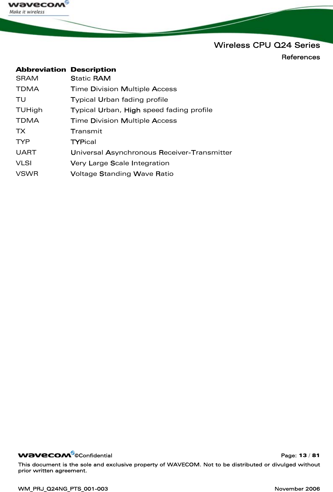   Wireless CPU Q24 Series References ©Confidential  Page: 13 / 81 This document is the sole and exclusive property of WAVECOM. Not to be distributed or divulged without prior written agreement.  WM_PRJ_Q24NG_PTS_001-003  November 2006  Abbreviation Description SRAM  Static RAM TDMA  Time Division Multiple Access TU  Typical Urban fading profile TUHigh  Typical Urban, High speed fading profile TDMA  Time Division Multiple Access TX  Transmit TYP  TYPical UART  Universal Asynchronous Receiver-Transmitter VLSI  Very Large Scale Integration VSWR  Voltage Standing Wave Ratio  