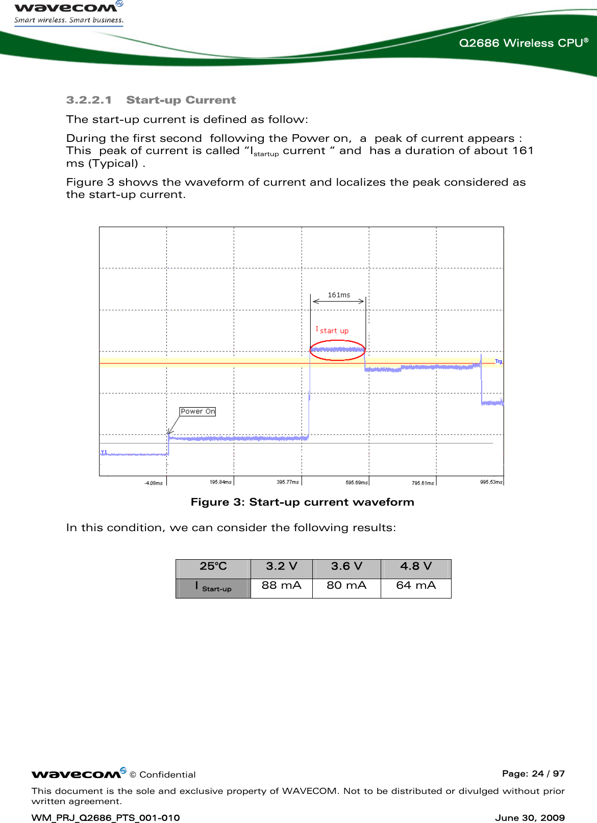      © Confidential  Page: 24 / 97 This document is the sole and exclusive property of WAVECOM. Not to be distributed or divulged without prior written agreement. WM_PRJ_Q2686_PTS_001-010  June 30, 2009  Q2686 Wireless CPU® 3.2.2.1 Start-up Current  The start-up current is defined as follow: During the first second  following the Power on,  a  peak of current appears : This  peak of current is called “Istartup current “ and  has a duration of about 161 ms (Typical) . Figure 3 shows the waveform of current and localizes the peak considered as the start-up current.    Figure 3: Start-up current waveform In this condition, we can consider the following results:  25°C  3.2 V  3.6 V  4.8 V I Start-up 88 mA  80 mA  64 mA 