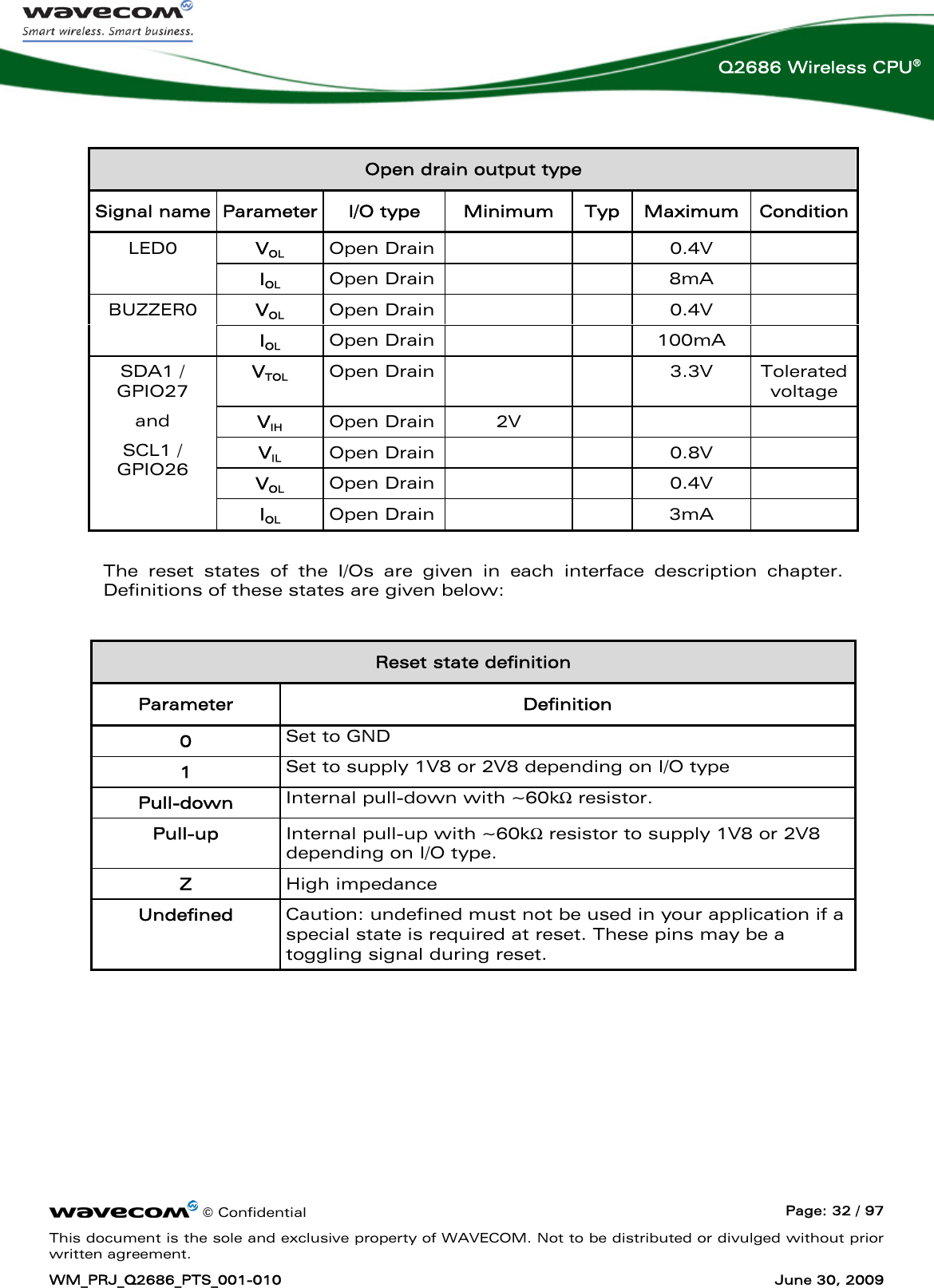      © Confidential  Page: 32 / 97 This document is the sole and exclusive property of WAVECOM. Not to be distributed or divulged without prior written agreement. WM_PRJ_Q2686_PTS_001-010  June 30, 2009  Q2686 Wireless CPU®  Open drain output type Signal name  Parameter  I/O type  Minimum  Typ  Maximum  Condition VOL Open Drain   0.4V  LED0 IOL Open Drain   8mA  VOL Open Drain   0.4V  BUZZER0 IOL Open Drain   100mA  VTOL Open Drain   3.3V Tolerated voltage VIH Open Drain 2V      VIL Open Drain   0.8V  VOL Open Drain   0.4V  SDA1 / GPIO27  and SCL1 / GPIO26 IOL Open Drain   3mA   The reset states of the I/Os are given in each interface description chapter. Definitions of these states are given below:  Reset state definition Parameter  Definition 0  Set to GND 1  Set to supply 1V8 or 2V8 depending on I/O type Pull-down  Internal pull-down with ~60kΩ resistor. Pull-up  Internal pull-up with ~60kΩ resistor to supply 1V8 or 2V8 depending on I/O type. Z  High impedance Undefined  Caution: undefined must not be used in your application if a special state is required at reset. These pins may be a toggling signal during reset.   