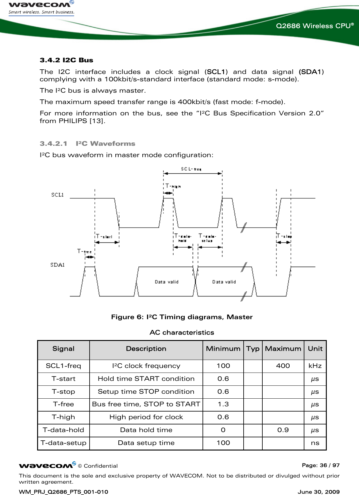      © Confidential  Page: 36 / 97 This document is the sole and exclusive property of WAVECOM. Not to be distributed or divulged without prior written agreement. WM_PRJ_Q2686_PTS_001-010  June 30, 2009  Q2686 Wireless CPU® 3.4.2 I2C Bus The I2C interface includes a clock signal (SCL1) and data signal (SDA1) complying with a 100kbit/s-standard interface (standard mode: s-mode).  The I²C bus is always master. The maximum speed transfer range is 400kbit/s (fast mode: f-mode).  For more information on the bus, see the “I²C Bus Specification Version 2.0” from PHILIPS [13]. 3.4.2.1 I²C Waveforms I²C bus waveform in master mode configuration:  Figure 6: I²C Timing diagrams, Master AC characteristics Signal  Description  Minimum Typ  Maximum  Unit SCL1-freq  I²C clock frequency   100    400  kHz T-start  Hold time START condition  0.6      μs T-stop  Setup time STOP condition  0.6      μs T-free  Bus free time, STOP to START 1.3     μs T-high  High period for clock  0.6      μs T-data-hold Data hold time  0  0.9 μs T-data-setup  Data setup time  100      ns 