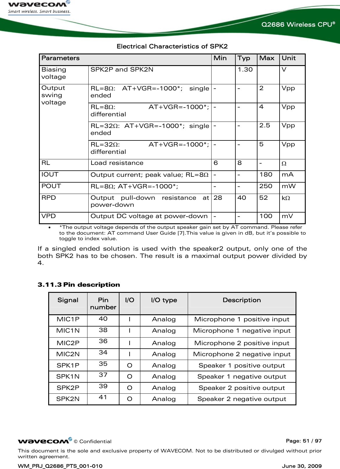      © Confidential  Page: 51 / 97 This document is the sole and exclusive property of WAVECOM. Not to be distributed or divulged without prior written agreement. WM_PRJ_Q2686_PTS_001-010  June 30, 2009  Q2686 Wireless CPU® Electrical Characteristics of SPK2 Parameters  Min  Typ  Max  Unit Biasing voltage SPK2P and SPK2N    1.30    V RL=8Ω: AT+VGR=-1000*; single ended - - 2 Vpp RL=8Ω: AT+VGR=-1000*; differential - - 4 Vpp RL=32Ω: AT+VGR=-1000*; single ended - - 2.5 Vpp Output swing voltage RL=32Ω: AT+VGR=-1000*; differential - - 5 Vpp RL Load resistance  6 8 - Ω IOUT  Output current; peak value; RL=8Ω - - 180 mA POUT  RL=8Ω; AT+VGR=-1000*;  - - 250 mW RPD  Output pull-down resistance at power-down 28 40 52 kΩ VPD  Output DC voltage at power-down - - 100 mV • *The output voltage depends of the output speaker gain set by AT command. Please refer to the document: AT command User Guide [7].This value is given in dB, but it’s possible to toggle to index value. If a singled ended solution is used with the speaker2 output, only one of the both SPK2 has to be chosen. The result is a maximal output power divided by 4. 3.11.3 Pin description  Signal  Pin number I/O  I/O type  Description MIC1P  40  I  Analog  Microphone 1 positive input MIC1N  38  I  Analog  Microphone 1 negative input MIC2P  36  I  Analog  Microphone 2 positive input MIC2N  34  I  Analog  Microphone 2 negative input SPK1P  35  O  Analog  Speaker 1 positive output SPK1N  37  O  Analog  Speaker 1 negative output SPK2P  39  O  Analog  Speaker 2 positive output SPK2N  41  O  Analog  Speaker 2 negative output 