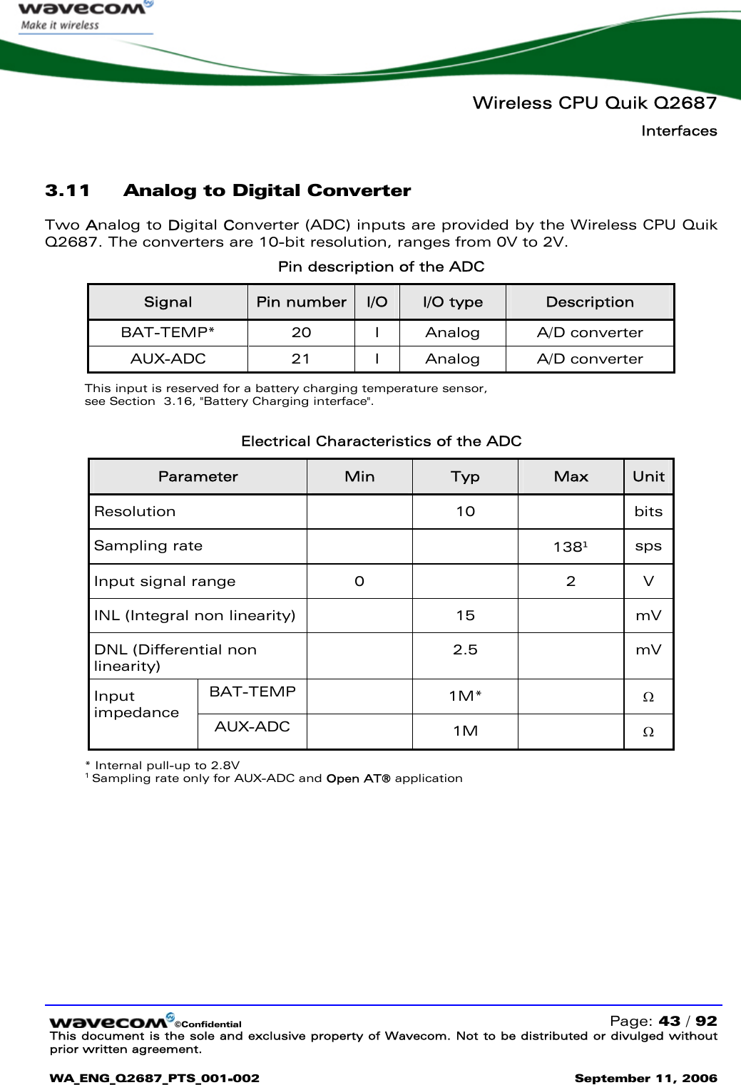   Wireless CPU Quik Q2687 Interfaces   ©Confidential   Page: 43 / 92 This document is the sole and exclusive property of Wavecom. Not to be distributed or divulged without prior written agreement.  WA_ENG_Q2687_PTS_001-002 September 11, 2006   3.11 Analog to Digital Converter Two Analog to Digital Converter (ADC) inputs are provided by the Wireless CPU Quik Q2687. The converters are 10-bit resolution, ranges from 0V to 2V.  Pin description of the ADC Signal  Pin number  I/O  I/O type  Description BAT-TEMP* 20 I Analog A/D converter AUX-ADC 21 I Analog A/D converter This input is reserved for a battery charging temperature sensor,  see Section  3.16, &quot;Battery Charging interface&quot;.  Electrical Characteristics of the ADC Parameter  Min  Typ  Max  Unit Resolution  10  bits Sampling rate      138¹ sps Input signal range  0  2 V INL (Integral non linearity)    15    mV DNL (Differential non linearity)  2.5  mV BAT-TEMP   1M*  Ω Input impedance  AUX-ADC   1M  Ω * Internal pull-up to 2.8V 1 Sampling rate only for AUX-ADC and Open AT® application 