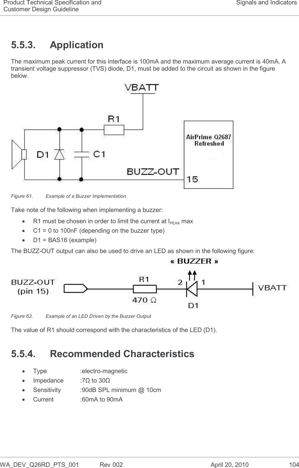   WA_DEV_Q26RD_PTS_001  Rev 002  April 20, 2010 104 Product Technical Specification and Customer Design Guideline Signals and Indicators 5.5.3.  Application The maximum peak current for this interface is 100mA and the maximum average current is 40mA. A transient voltage suppressor (TVS) diode, D1, must be added to the circuit as shown in the figure below.  Figure 61.  Example of a Buzzer Implementation Take note of the following when implementing a buzzer:   R1 must be chosen in order to limit the current at IPEAK max   C1 = 0 to 100nF (depending on the buzzer type)   D1 = BAS16 (example) The BUZZ-OUT output can also be used to drive an LED as shown in the following figure:  Figure 62.  Example of an LED Driven by the Buzzer Output The value of R1 should correspond with the characteristics of the LED (D1). 5.5.4.  Recommended Characteristics   Type    :electro-magnetic   Impedance  :7Ω to 30Ω   Sensitivity   :90dB SPL minimum @ 10cm   Current    :60mA to 90mA 