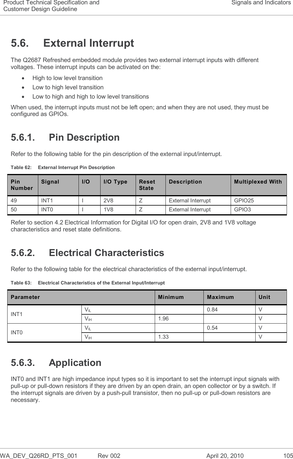   WA_DEV_Q26RD_PTS_001  Rev 002  April 20, 2010 105 Product Technical Specification and Customer Design Guideline Signals and Indicators 5.6.  External Interrupt The Q2687 Refreshed embedded module provides two external interrupt inputs with different voltages. These interrupt inputs can be activated on the:   High to low level transition   Low to high level transition   Low to high and high to low level transitions When used, the interrupt inputs must not be left open; and when they are not used, they must be configured as GPIOs.  5.6.1.  Pin Description Refer to the following table for the pin description of the external input/interrupt. Table 62:  External Interrupt Pin Description Pin Number Signal I/O I/O Type Reset State Description Multiplexed With 49 INT1 I 2V8 Z External Interrupt GPIO25 50 INT0 I 1V8 Z External Interrupt GPIO3 Refer to section 4.2 Electrical Information for Digital I/O for open drain, 2V8 and 1V8 voltage characteristics and reset state definitions. 5.6.2.  Electrical Characteristics Refer to the following table for the electrical characteristics of the external input/interrupt. Table 63:  Electrical Characteristics of the External Input/Interrupt Parameter Minimum Maximum Unit INT1 VIL  0.84 V VIH 1.96  V INT0 VIL  0.54 V VIH 1.33  V 5.6.3.  Application INT0 and INT1 are high impedance input types so it is important to set the interrupt input signals with pull-up or pull-down resistors if they are driven by an open drain, an open collector or by a switch. If the interrupt signals are driven by a push-pull transistor, then no pull-up or pull-down resistors are necessary. 