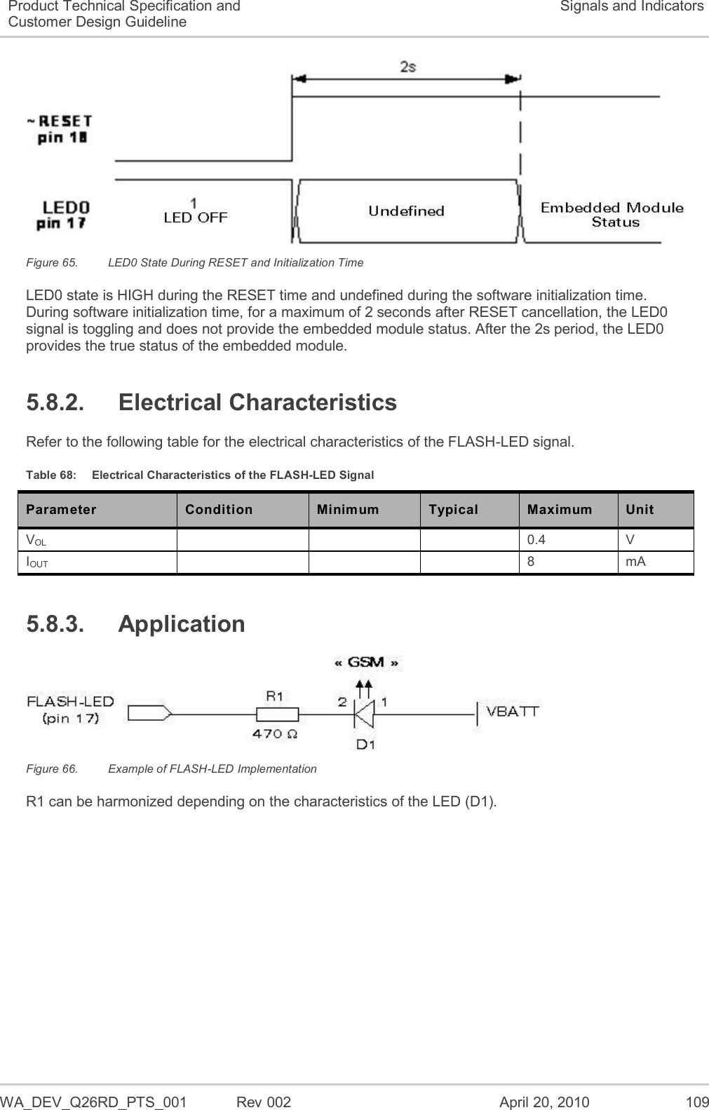   WA_DEV_Q26RD_PTS_001  Rev 002  April 20, 2010 109 Product Technical Specification and Customer Design Guideline Signals and Indicators  Figure 65.  LED0 State During RESET and Initialization Time LED0 state is HIGH during the RESET time and undefined during the software initialization time. During software initialization time, for a maximum of 2 seconds after RESET cancellation, the LED0 signal is toggling and does not provide the embedded module status. After the 2s period, the LED0 provides the true status of the embedded module. 5.8.2.  Electrical Characteristics Refer to the following table for the electrical characteristics of the FLASH-LED signal. Table 68:  Electrical Characteristics of the FLASH-LED Signal Parameter Condition Minimum Typical Maximum Unit VOL    0.4 V IOUT    8 mA 5.8.3.  Application  Figure 66.  Example of FLASH-LED Implementation R1 can be harmonized depending on the characteristics of the LED (D1). 